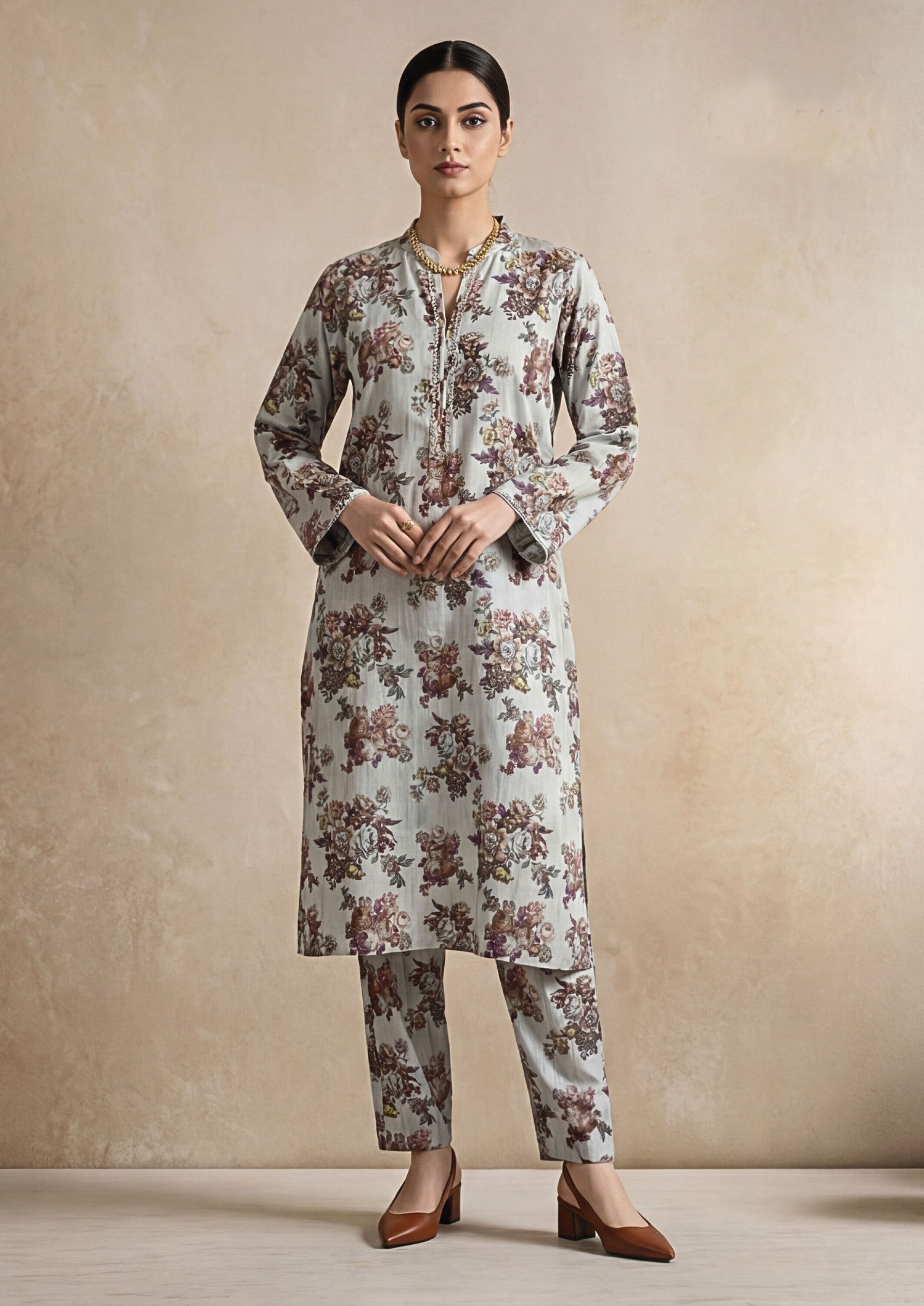Ivory Gray Linen Stitched Staple Digital print suit