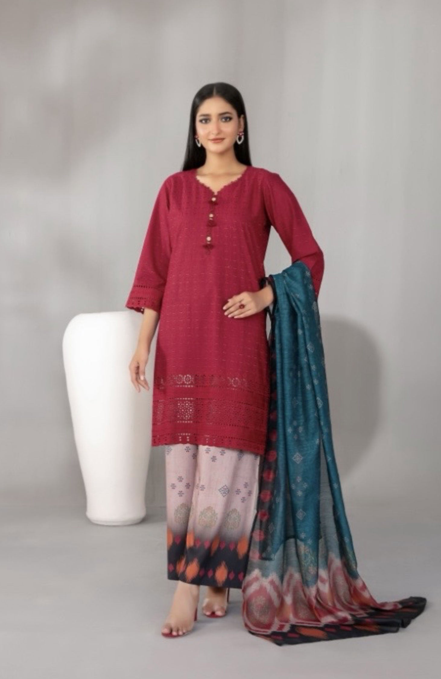 Ruby Red Embroidered Schiffli Lawn with Digital Printed Dupatta