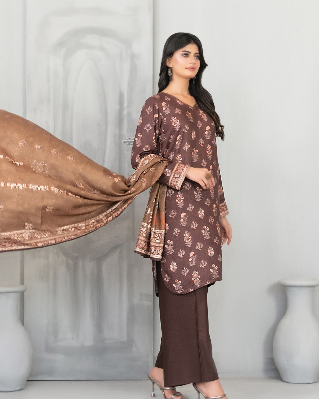 Chocolate Brown Floral Printed 3-Piece Suit with Taupe Dupatta