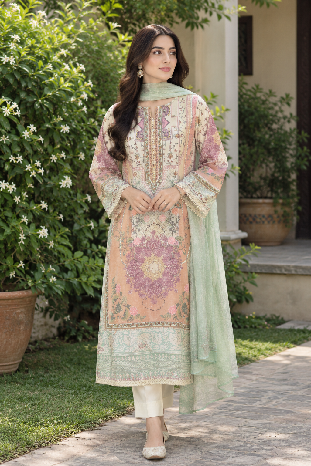 Floral kaftan 3pc peach colour