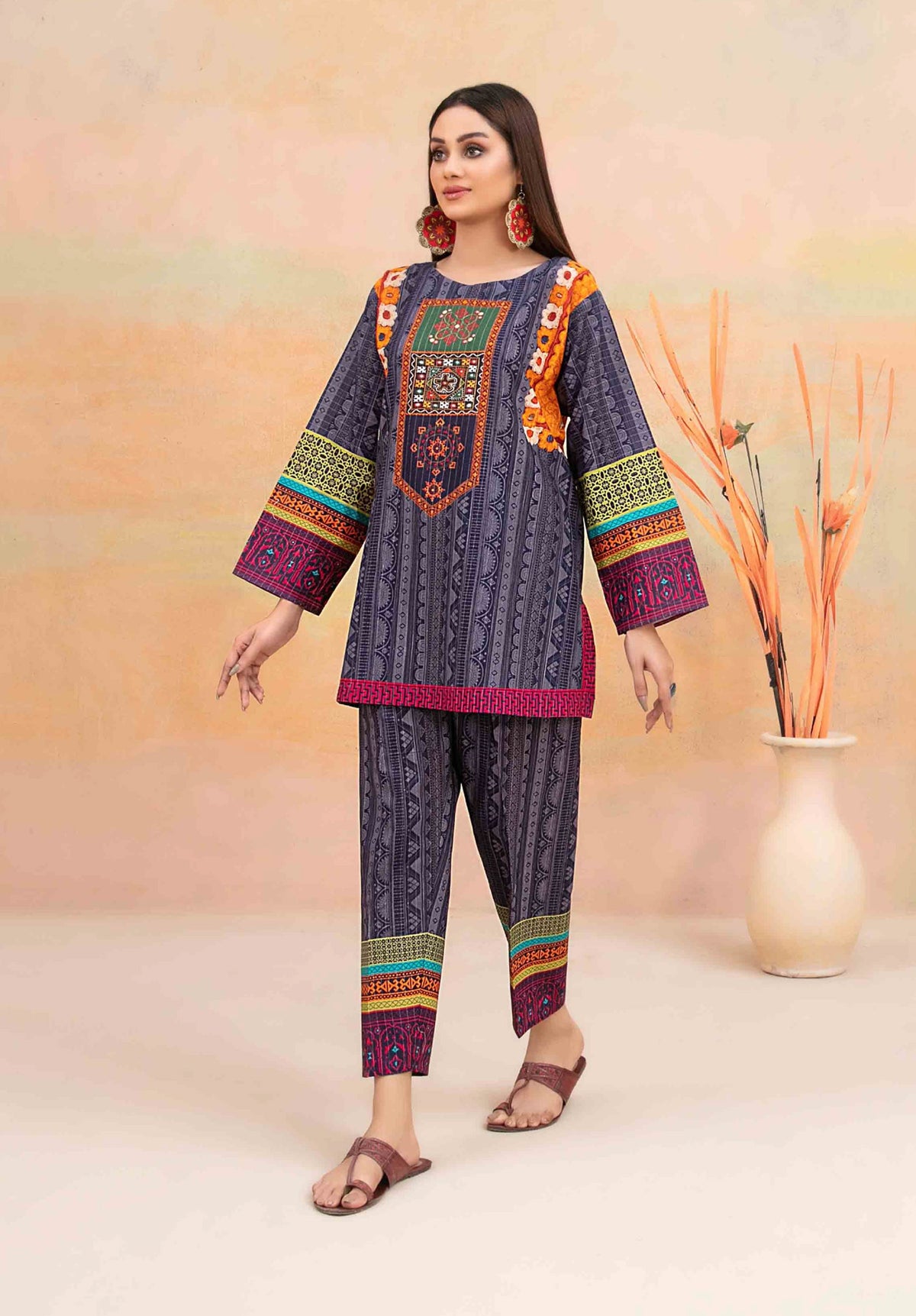 Charcoal Grey Khaddar 2-Piece Suit with Multicolor Ethnic Prints
