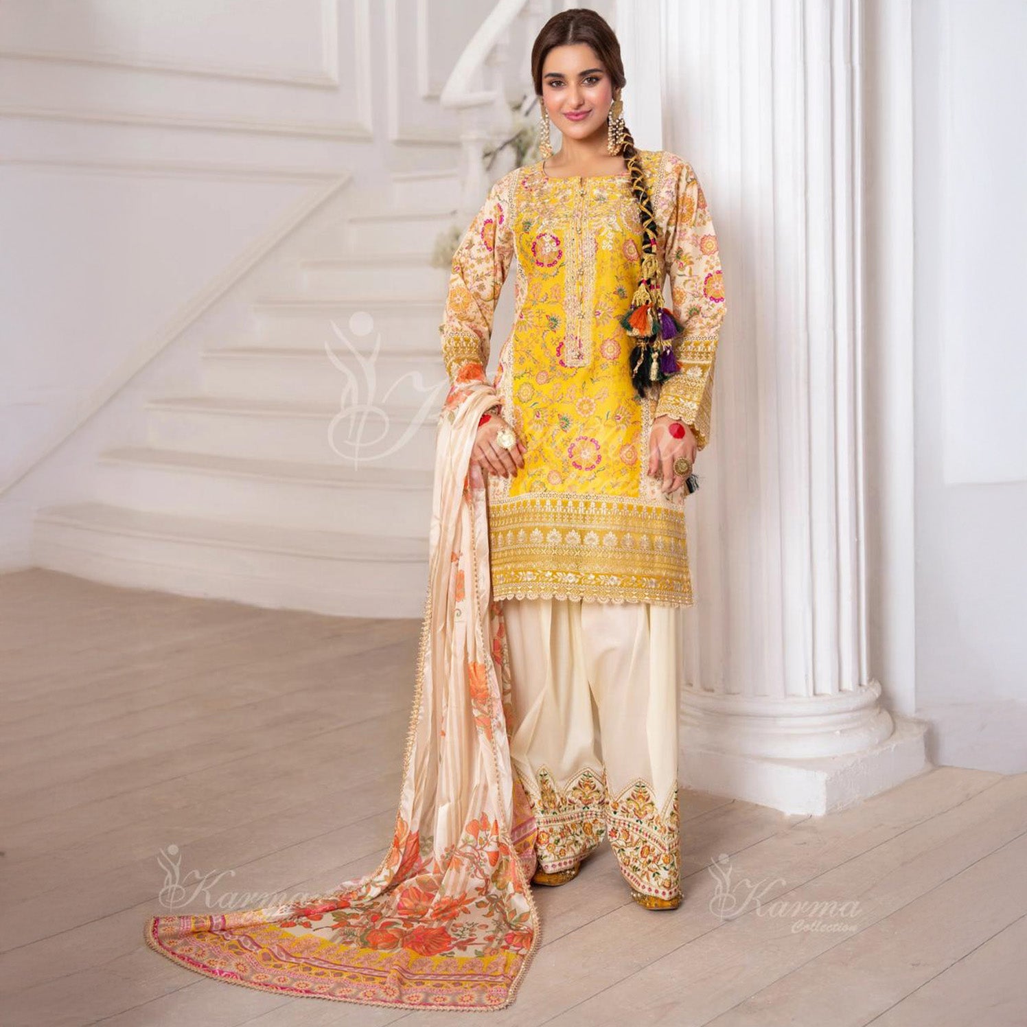 Karma Yellow 3pc Outfit With Silk Duppata