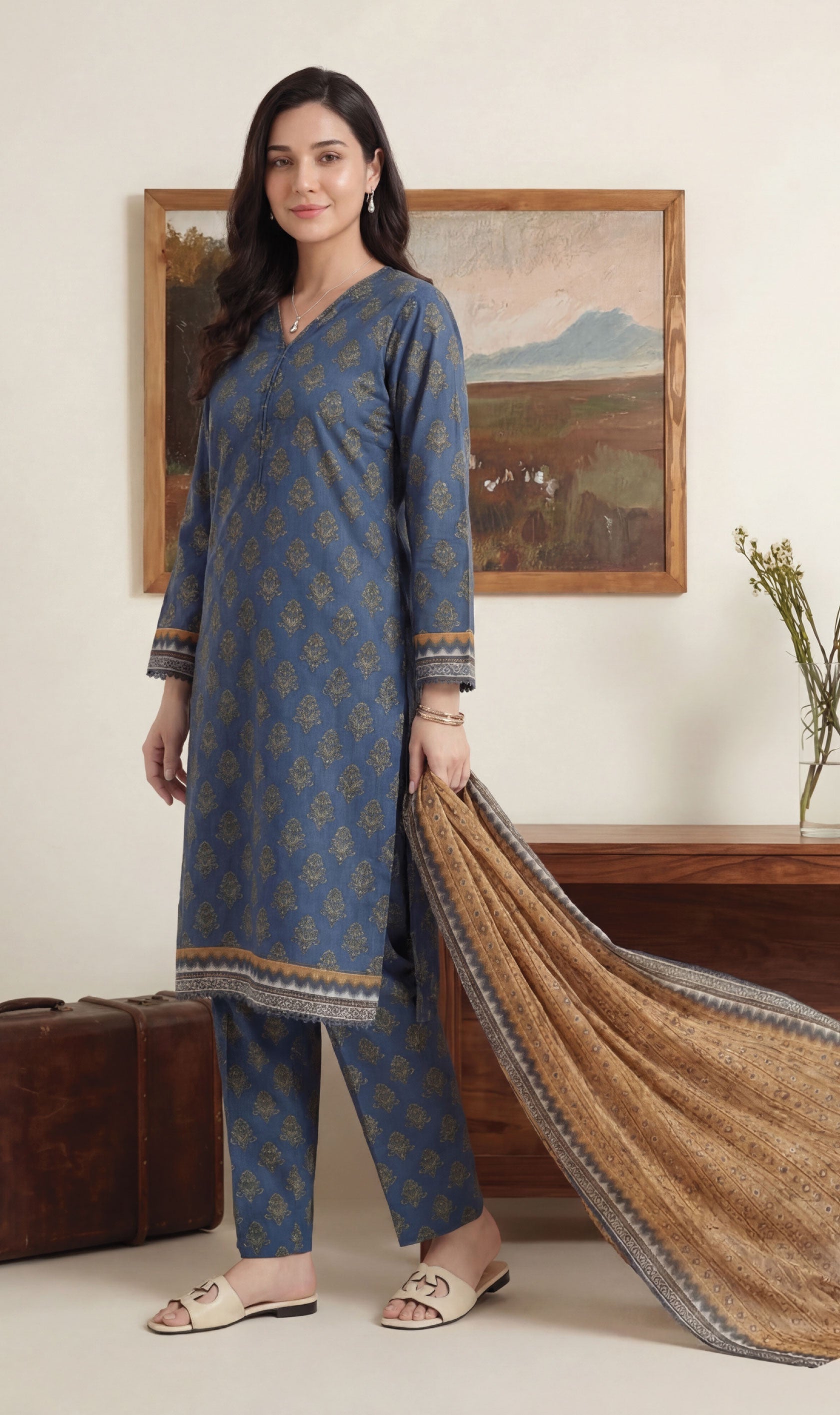 Deep Ocean Blue Elite Lawn Rotary Print 3PC Ready-to-Wear