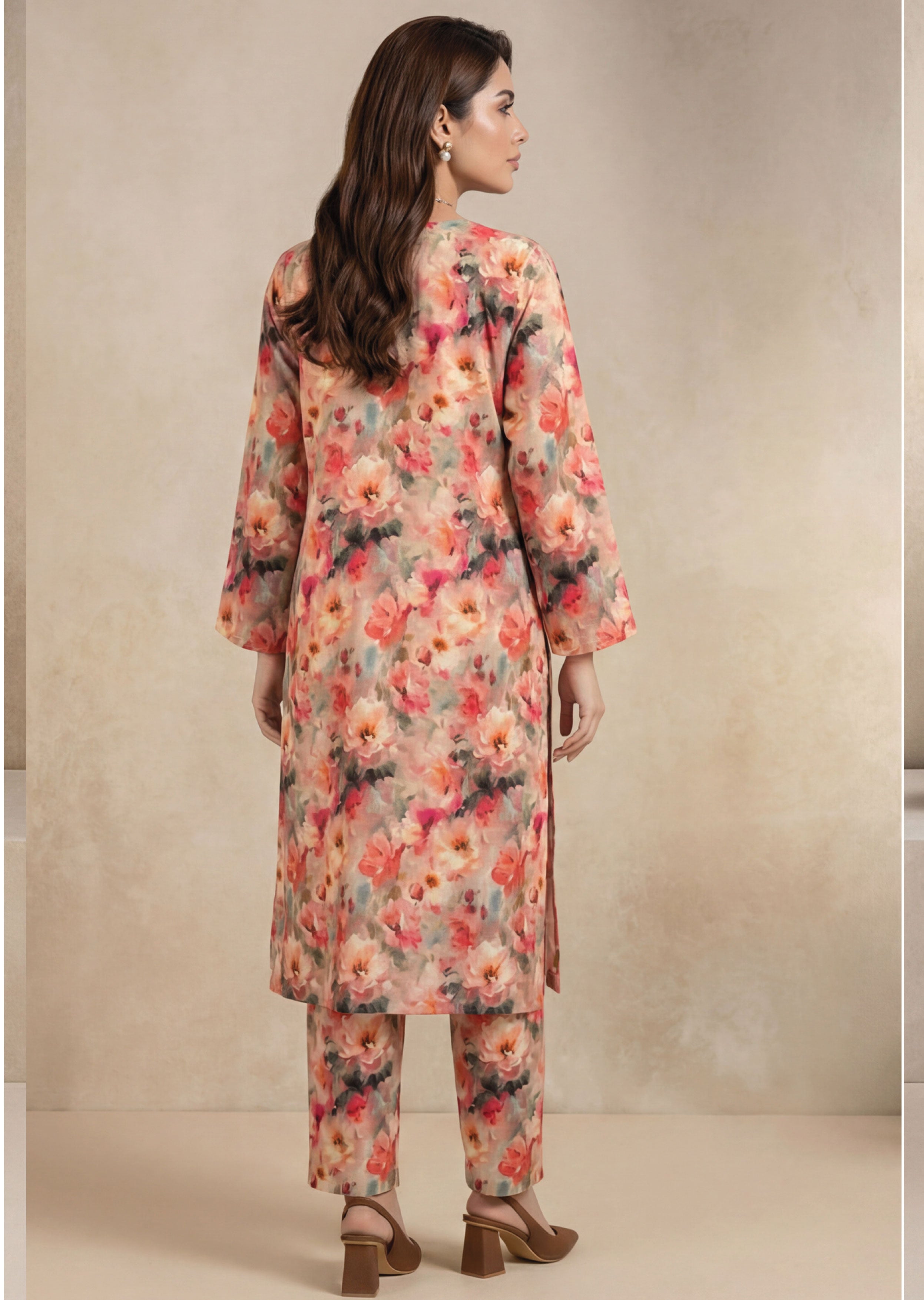 Peach Beige Linen Stitched Staple Digital print suit