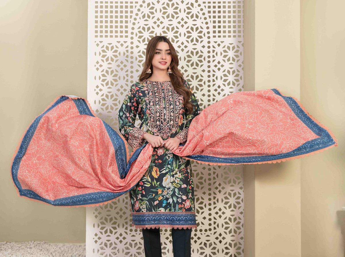 Navy Blue Floral Printed Khaddar 3-Piece Suit with Embroidered Front and Coral Dupatta