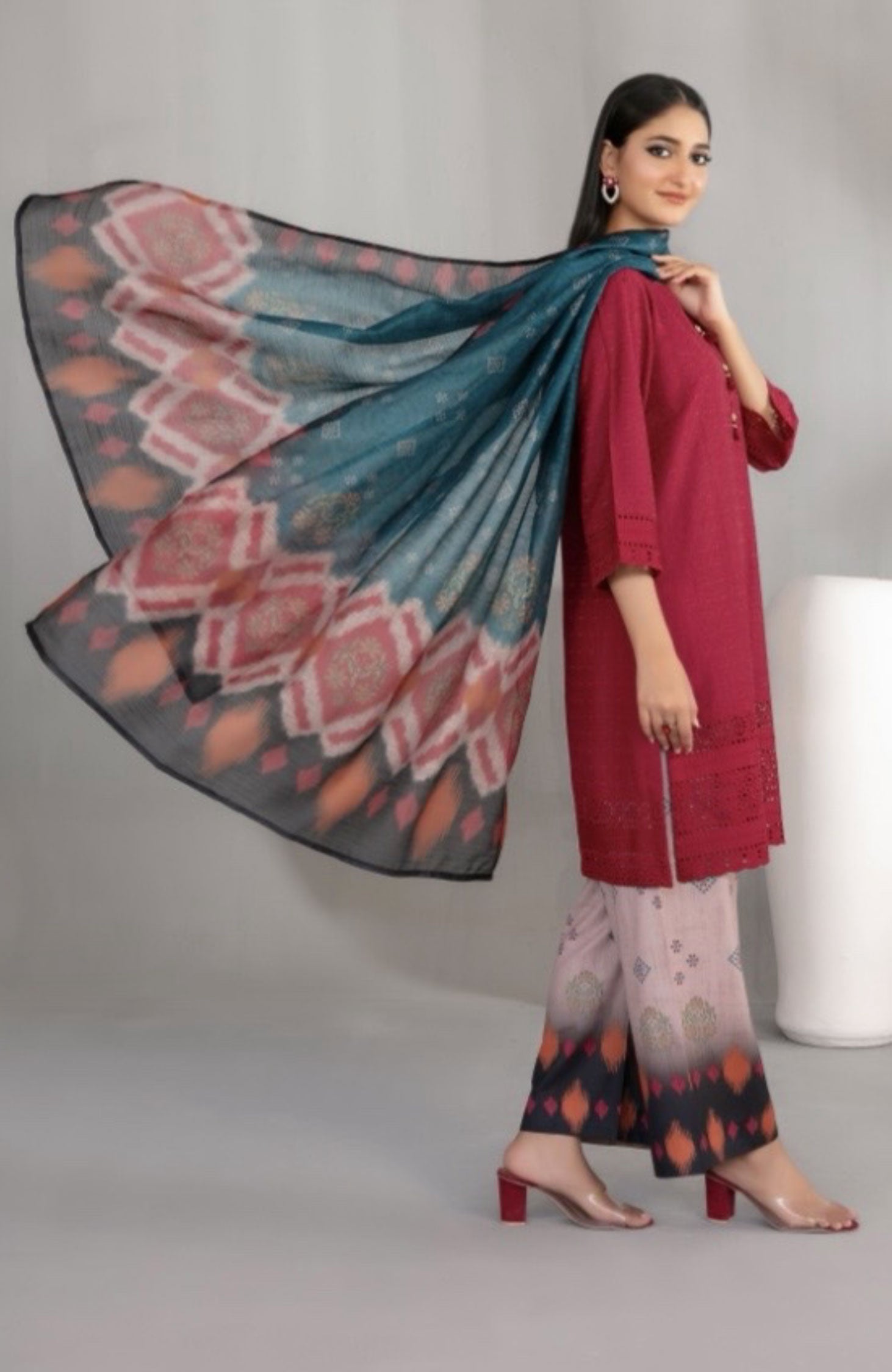 Ruby Red Embroidered Schiffli Lawn with Digital Printed Dupatta