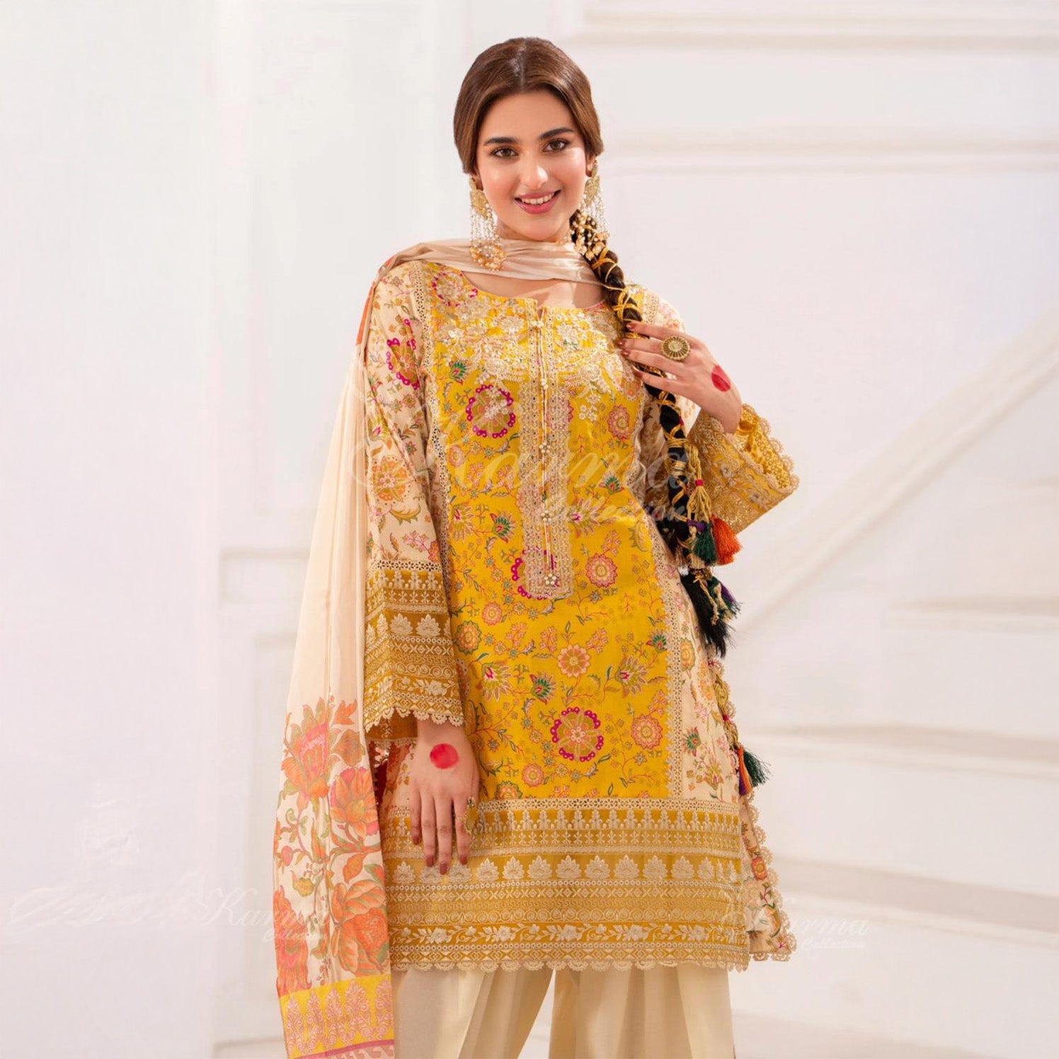 Karma Yellow 3pc Outfit With Silk Duppata