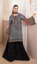Charcoal Embroidered Lawn Suit with Printed Wide-Leg Trouser & Chiffon Dupatta