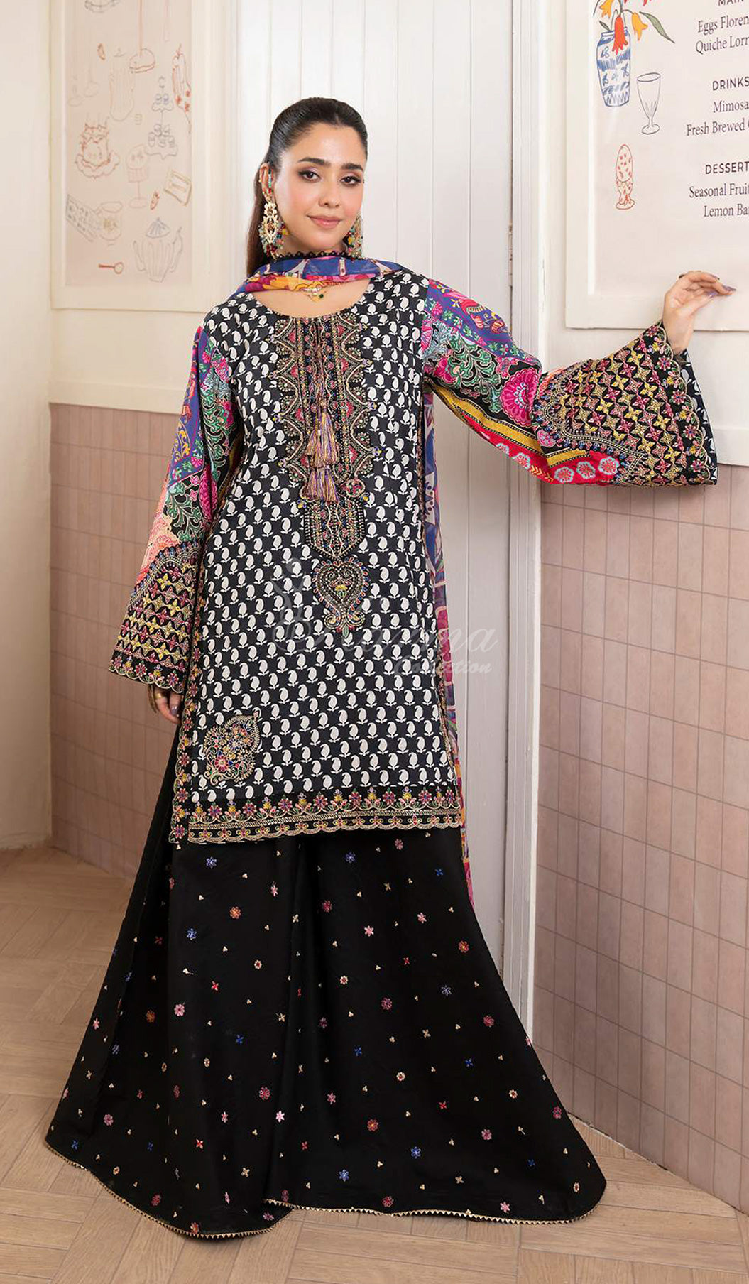 Charcoal Embroidered Lawn Suit with Printed Wide-Leg Trouser & Chiffon Dupatta