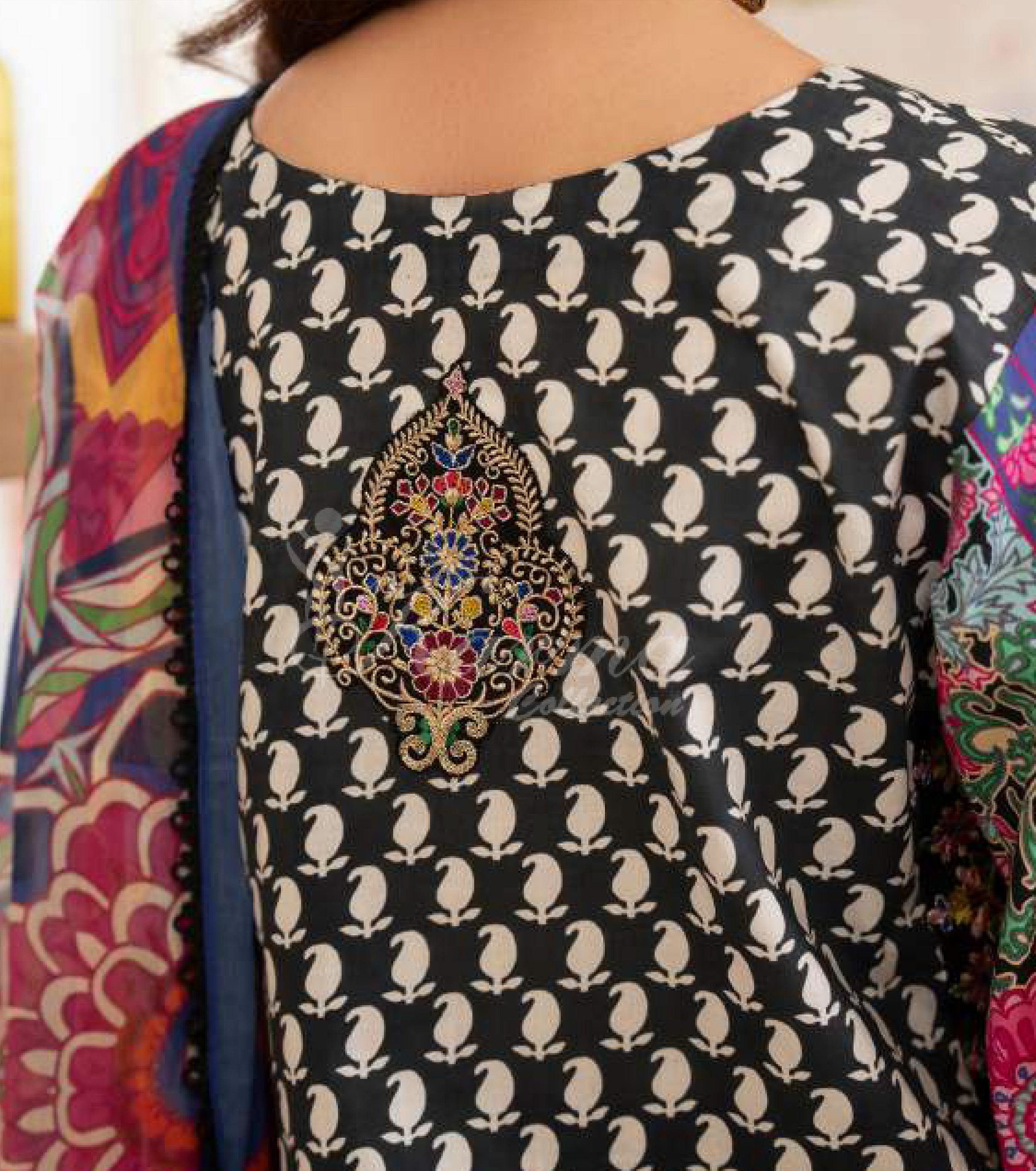 Charcoal Embroidered Lawn Suit with Printed Wide-Leg Trouser & Chiffon Dupatta