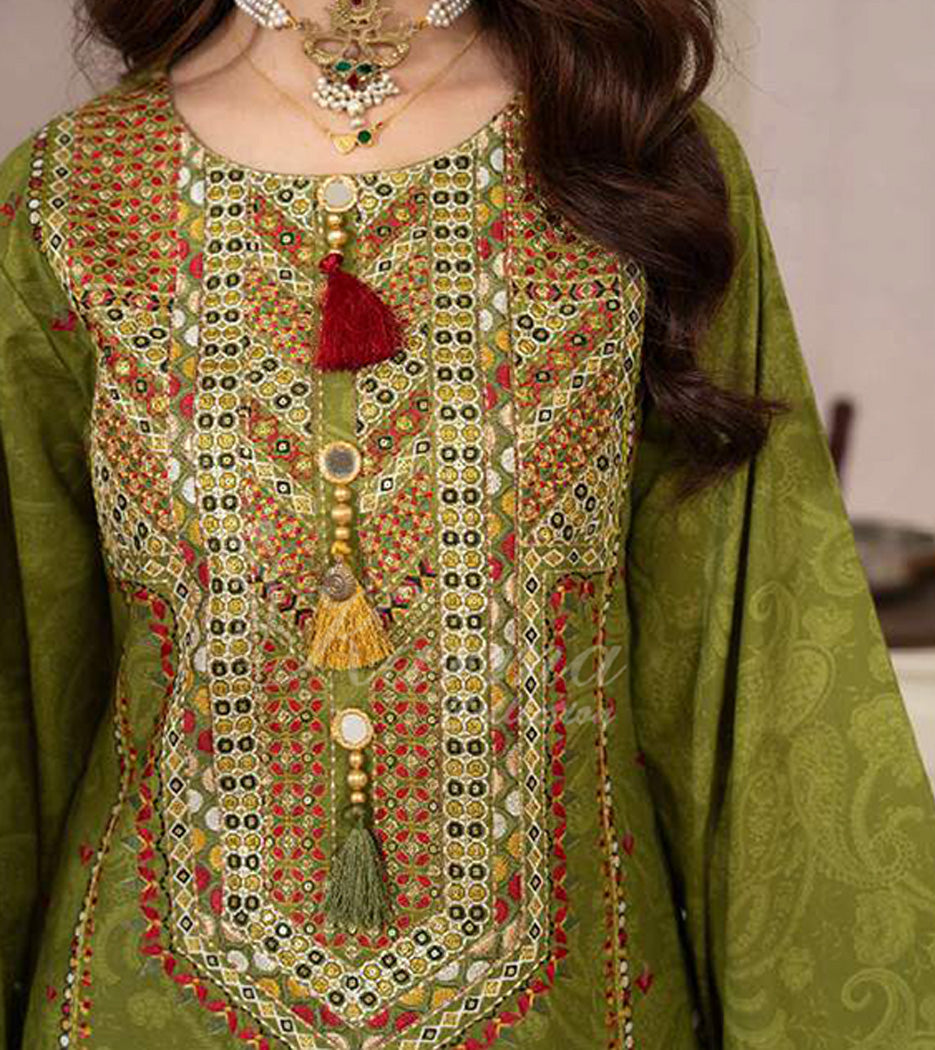 Meadow Embroidered Lawn Suit with Printed Dupatta & Farshi Shalwar