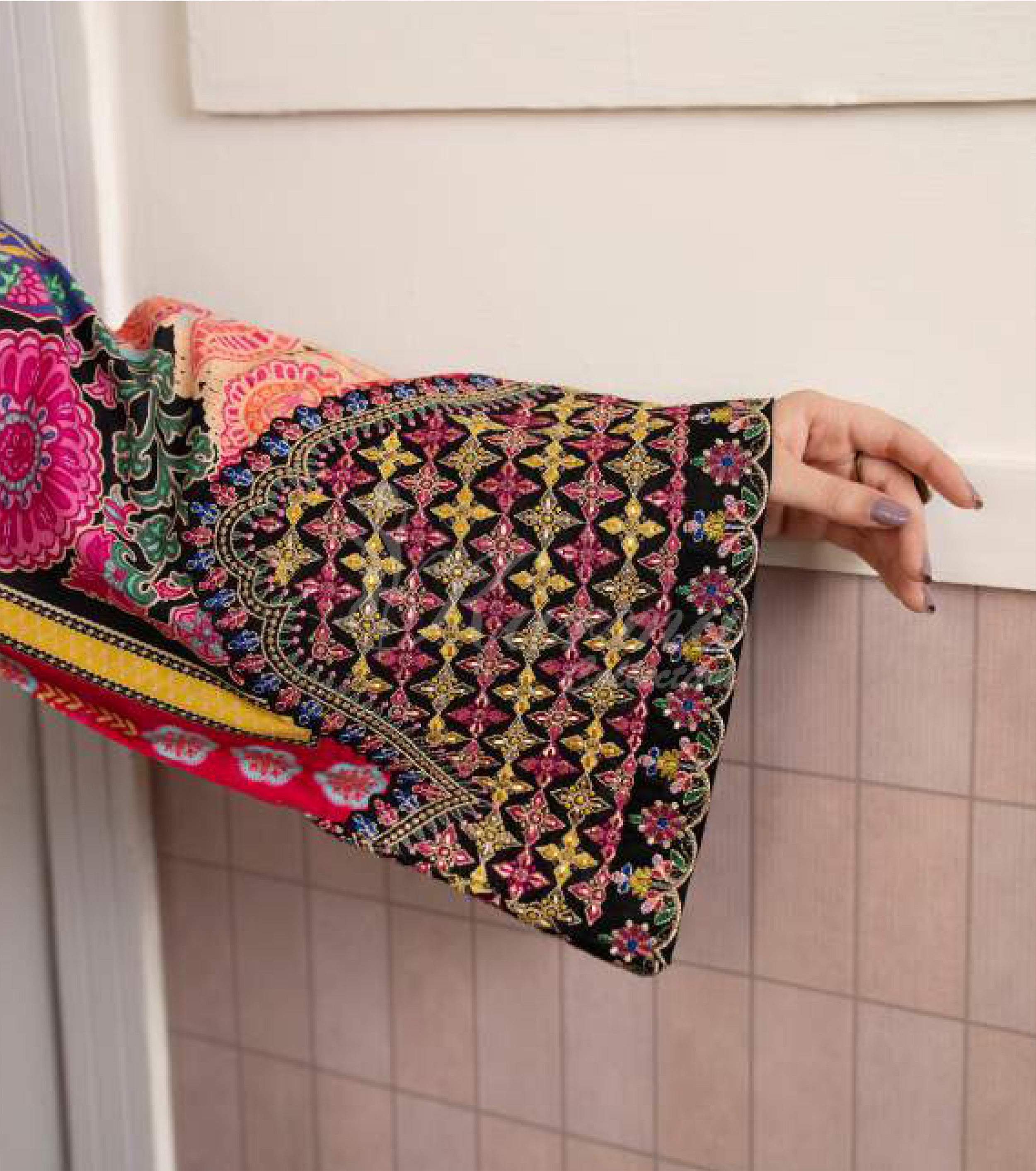 Charcoal Embroidered Lawn Suit with Printed Wide-Leg Trouser & Chiffon Dupatta