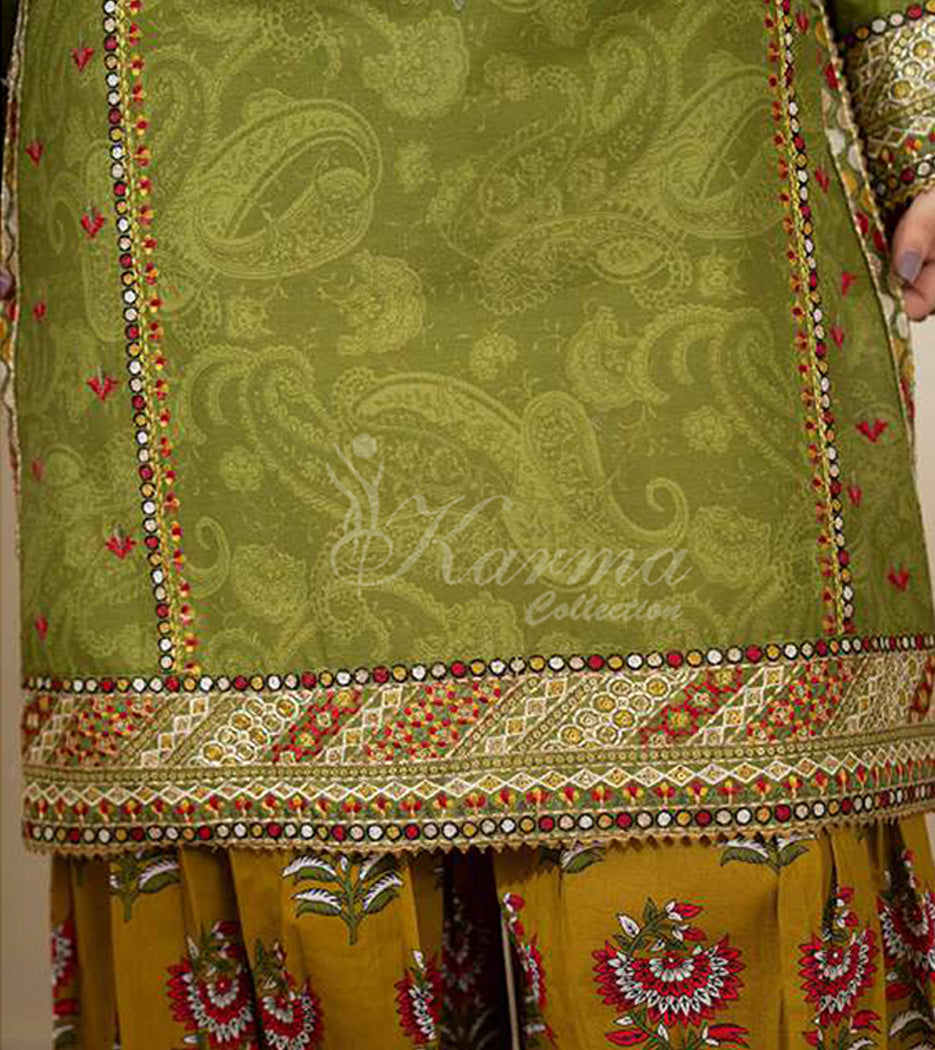 Meadow Embroidered Lawn Suit with Printed Dupatta & Farshi Shalwar