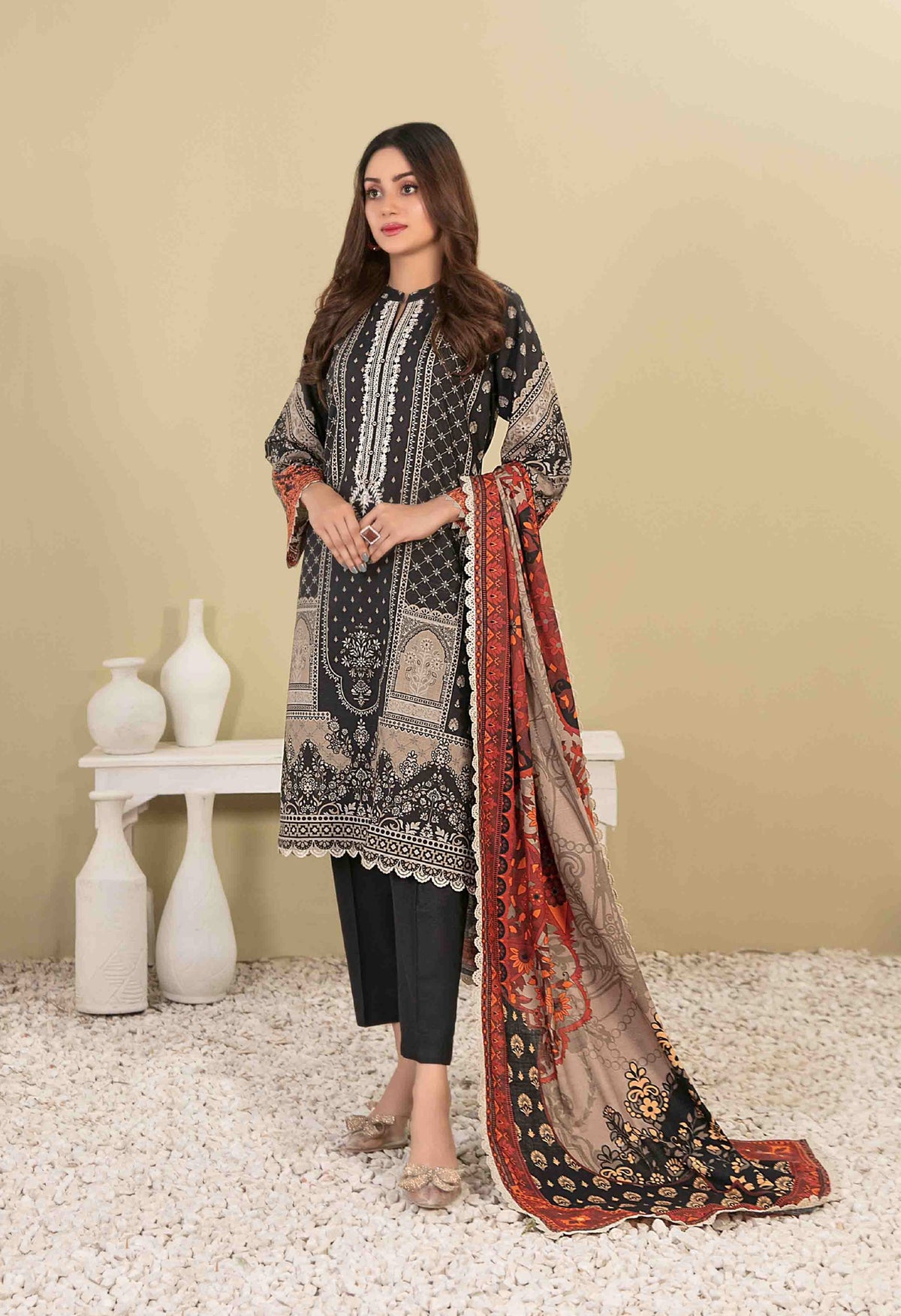 Black and Beige Printed Khaddar 3-Piece Suit with Rust Orange Dupatta