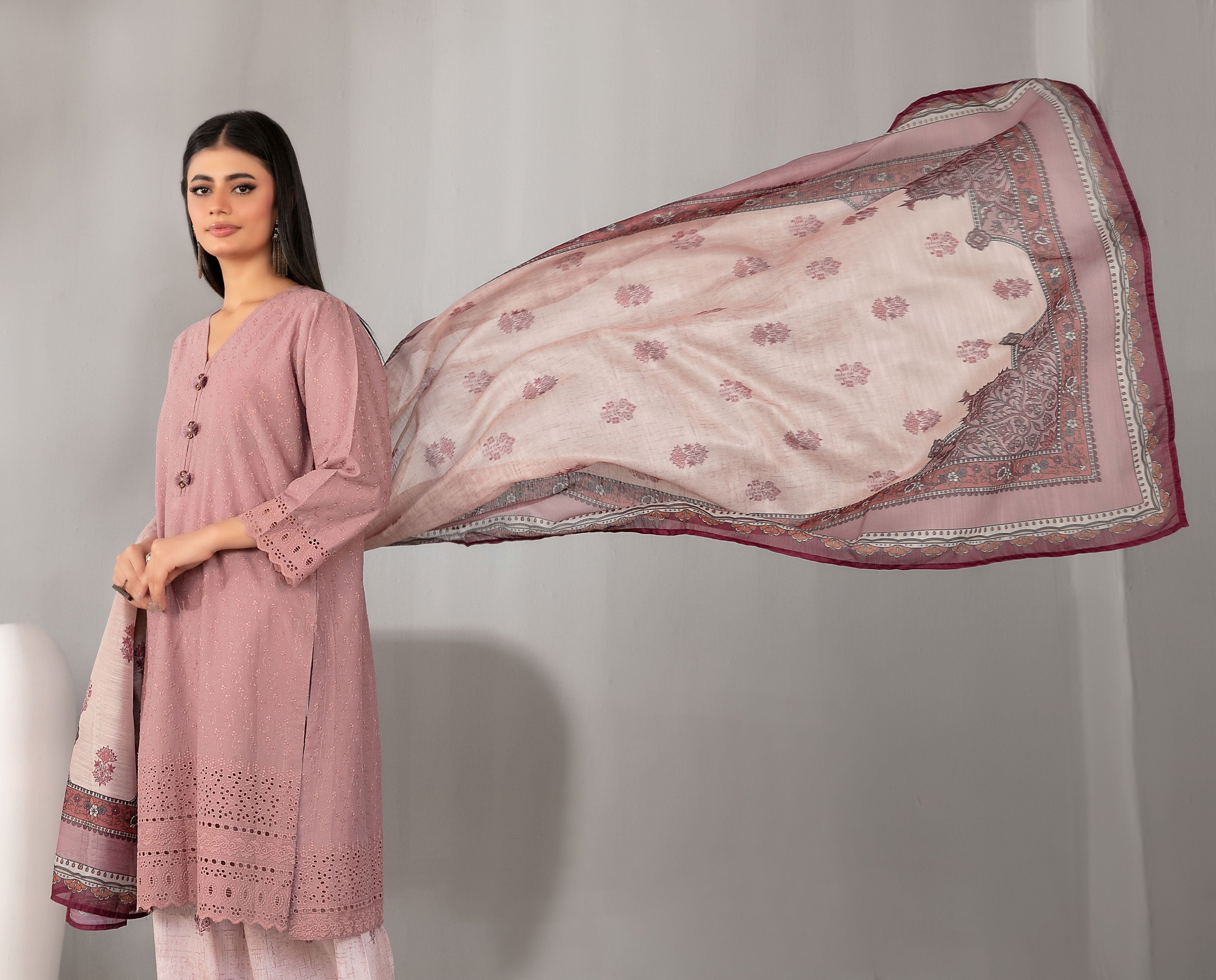 Blush Rose Embroidered Schiffli Lawn with Digital Printed Dupatta