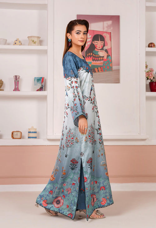 Powder Blue Floral Printed Silk Long Shirt & Trouser