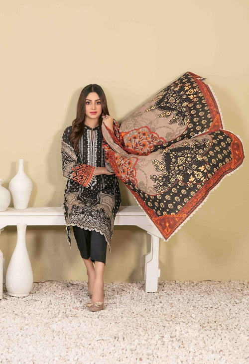 Black and Beige Printed Khaddar 3-Piece Suit with Rust Orange Dupatta