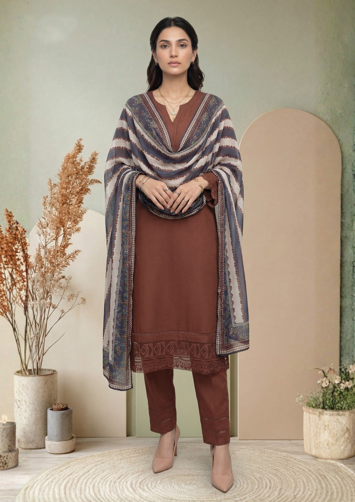 Brown Embroidered 3-Piece Suit with Striped Digital Print Dupatta