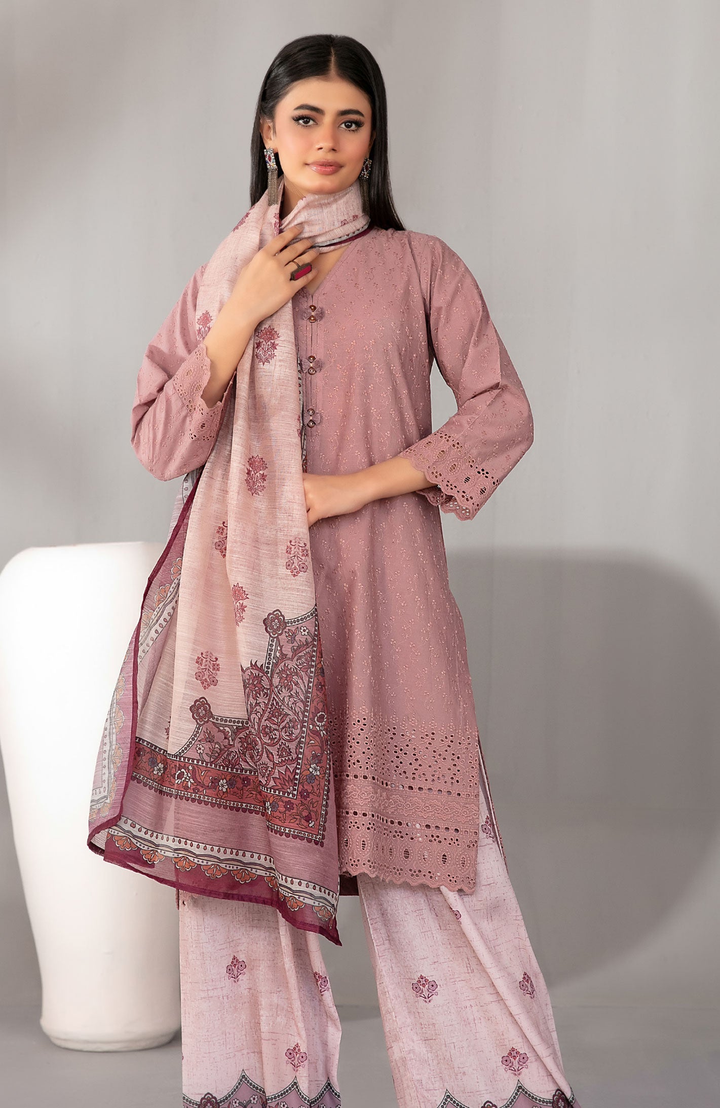 Blush Rose Embroidered Schiffli Lawn with Digital Printed Dupatta