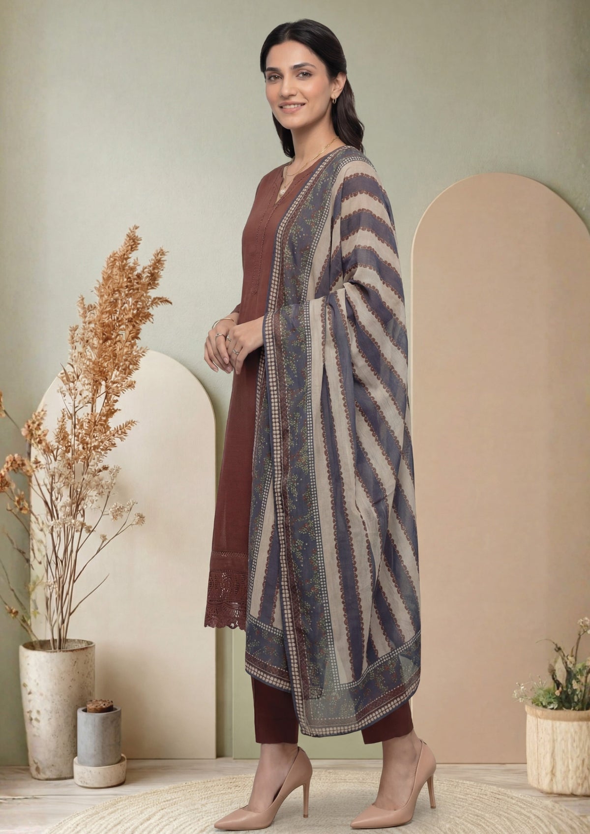 Brown Embroidered 3-Piece Suit with Striped Digital Print Dupatta