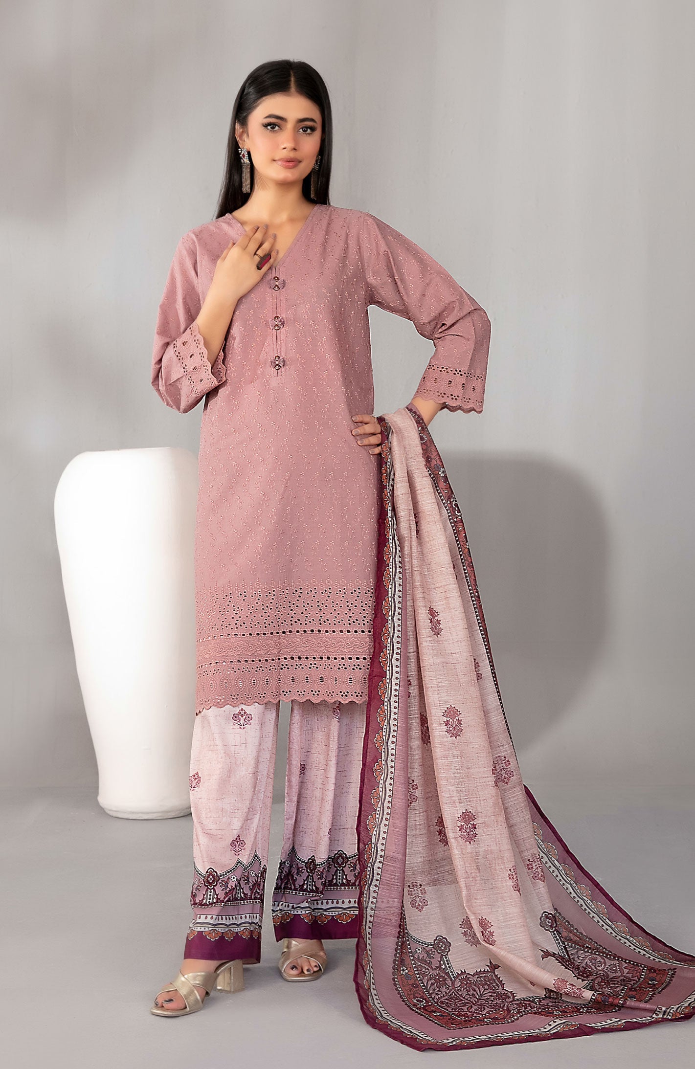 Blush Rose Embroidered Schiffli Lawn with Digital Printed Dupatta
