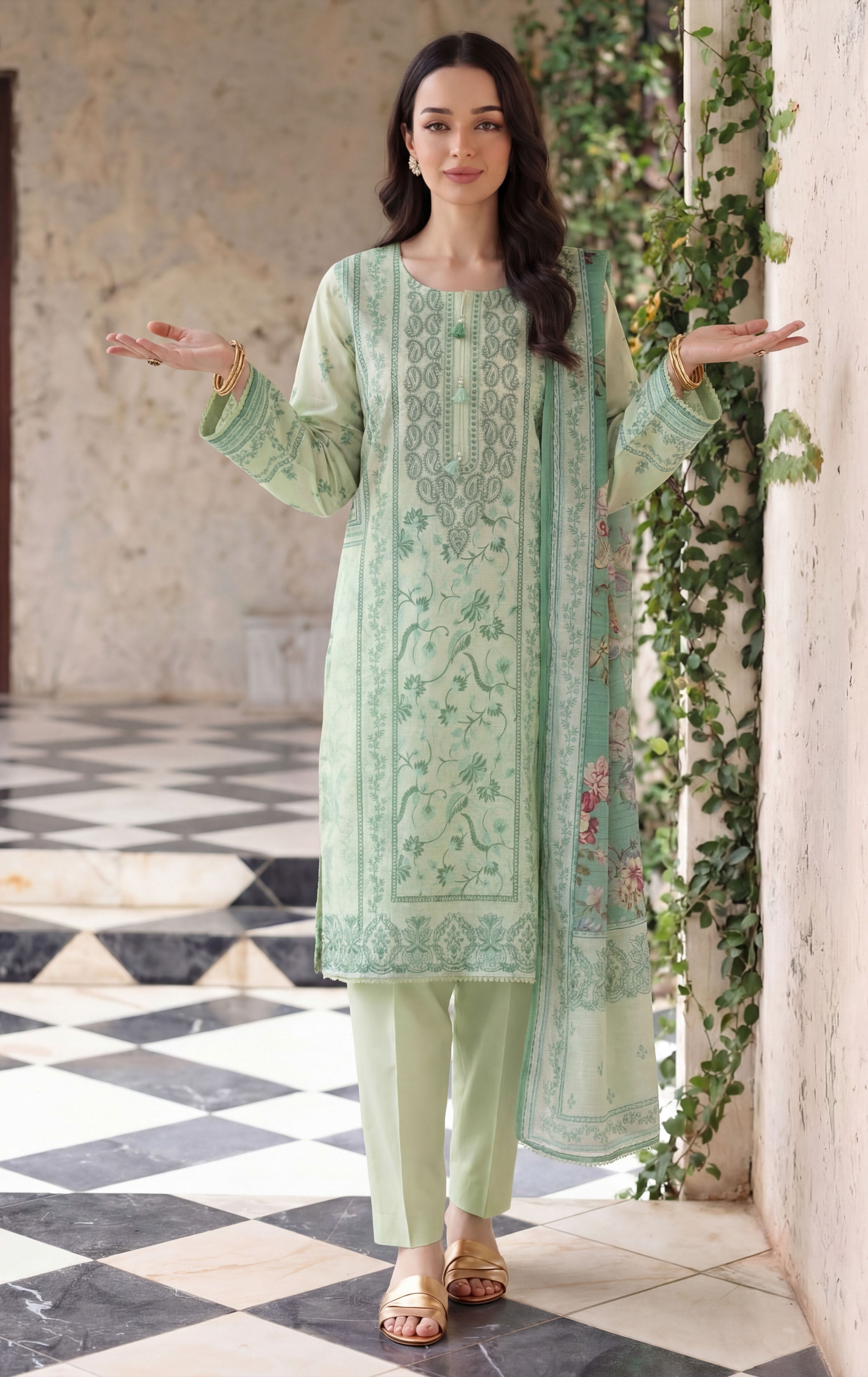 Dusty mint 3pc Lawn Stitched Suit