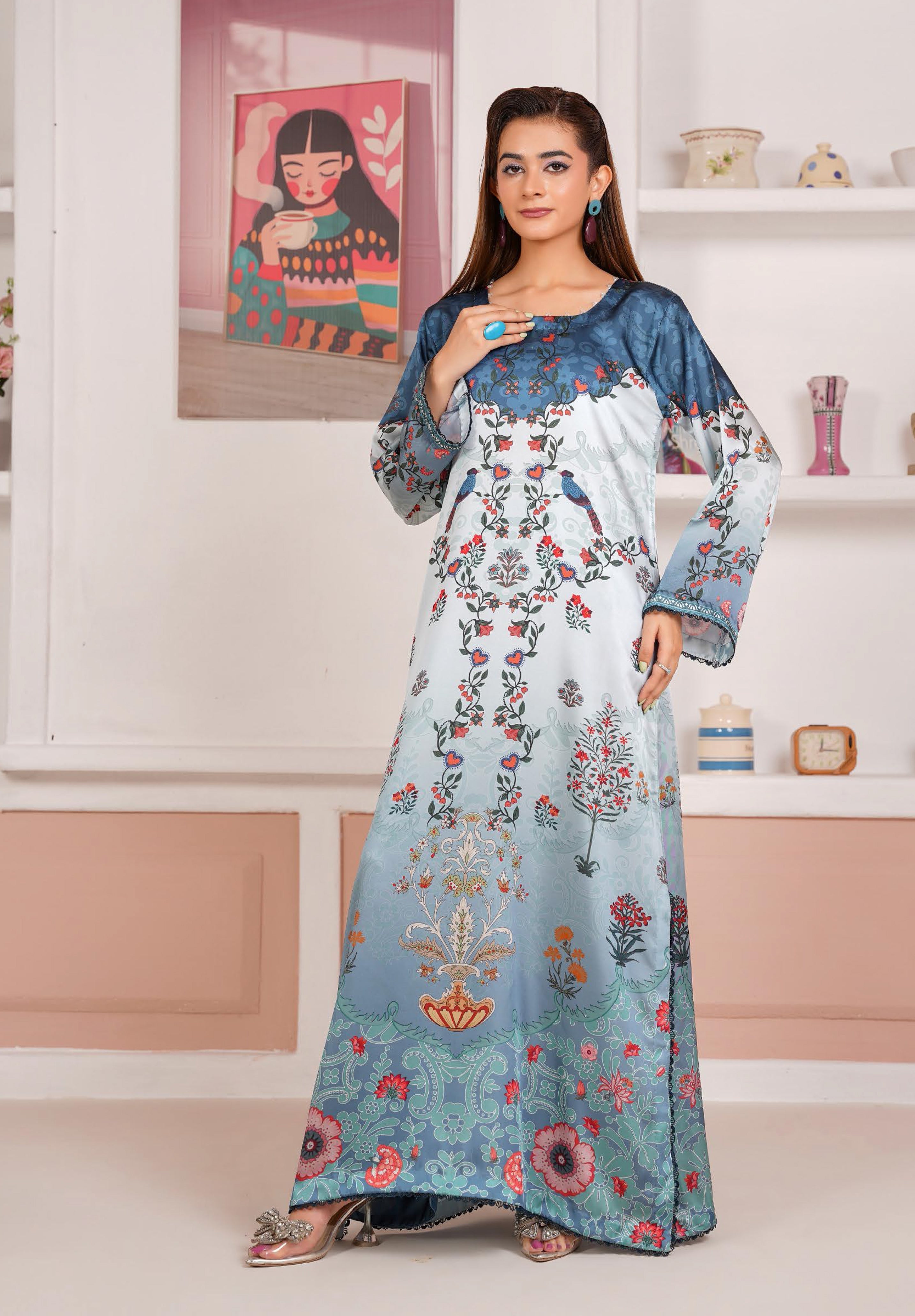 Powder Blue Floral Printed Silk Long Shirt & Trouser