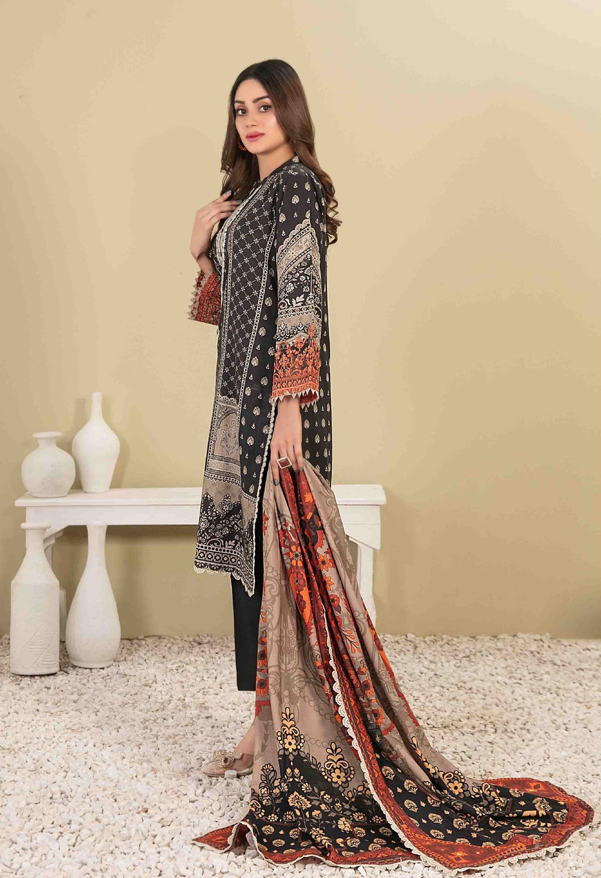 Black and Beige Printed Khaddar 3-Piece Suit with Rust Orange Dupatta