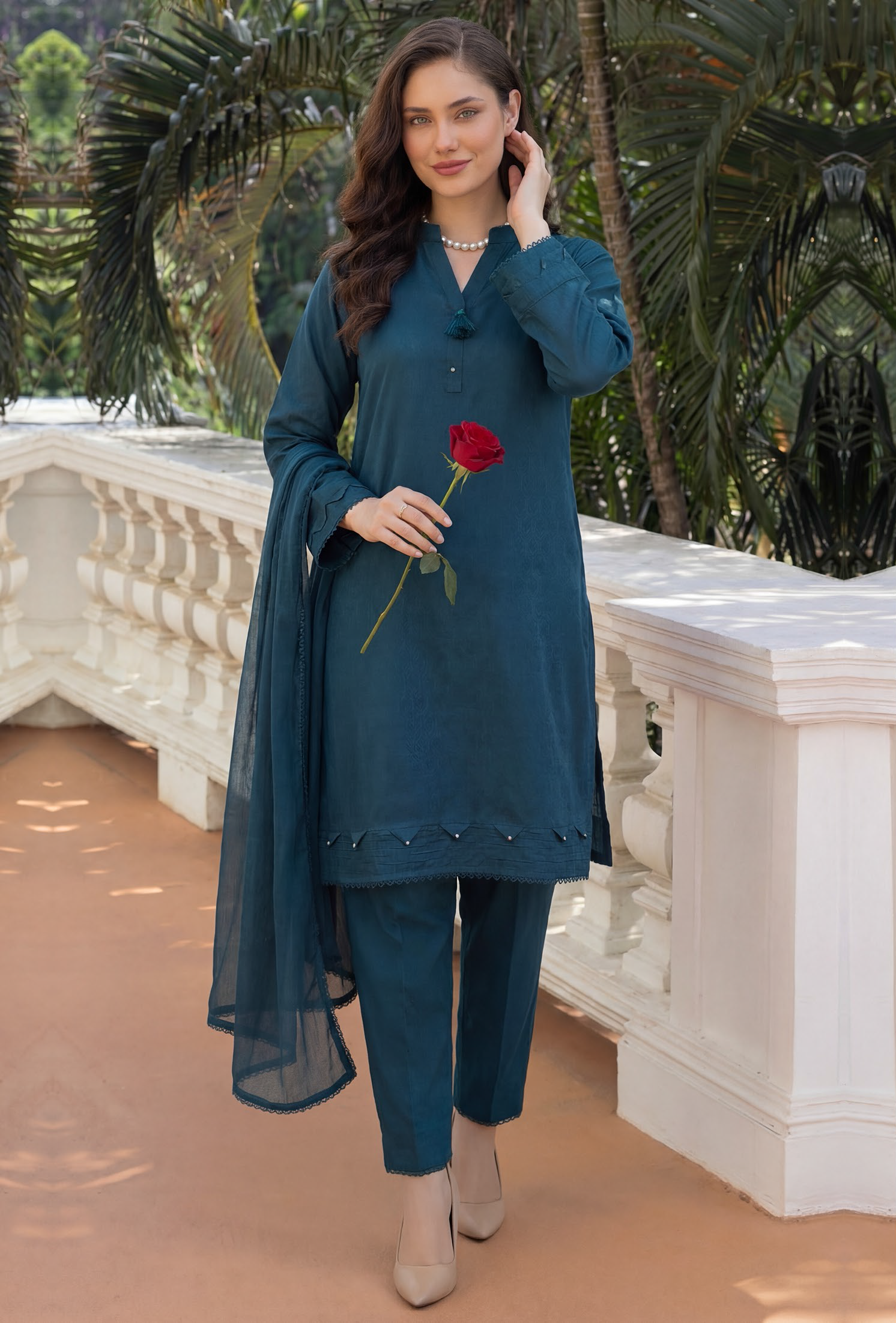 Dark Teal Premium Jacquard Lawn 3-Piece Stitched Suit