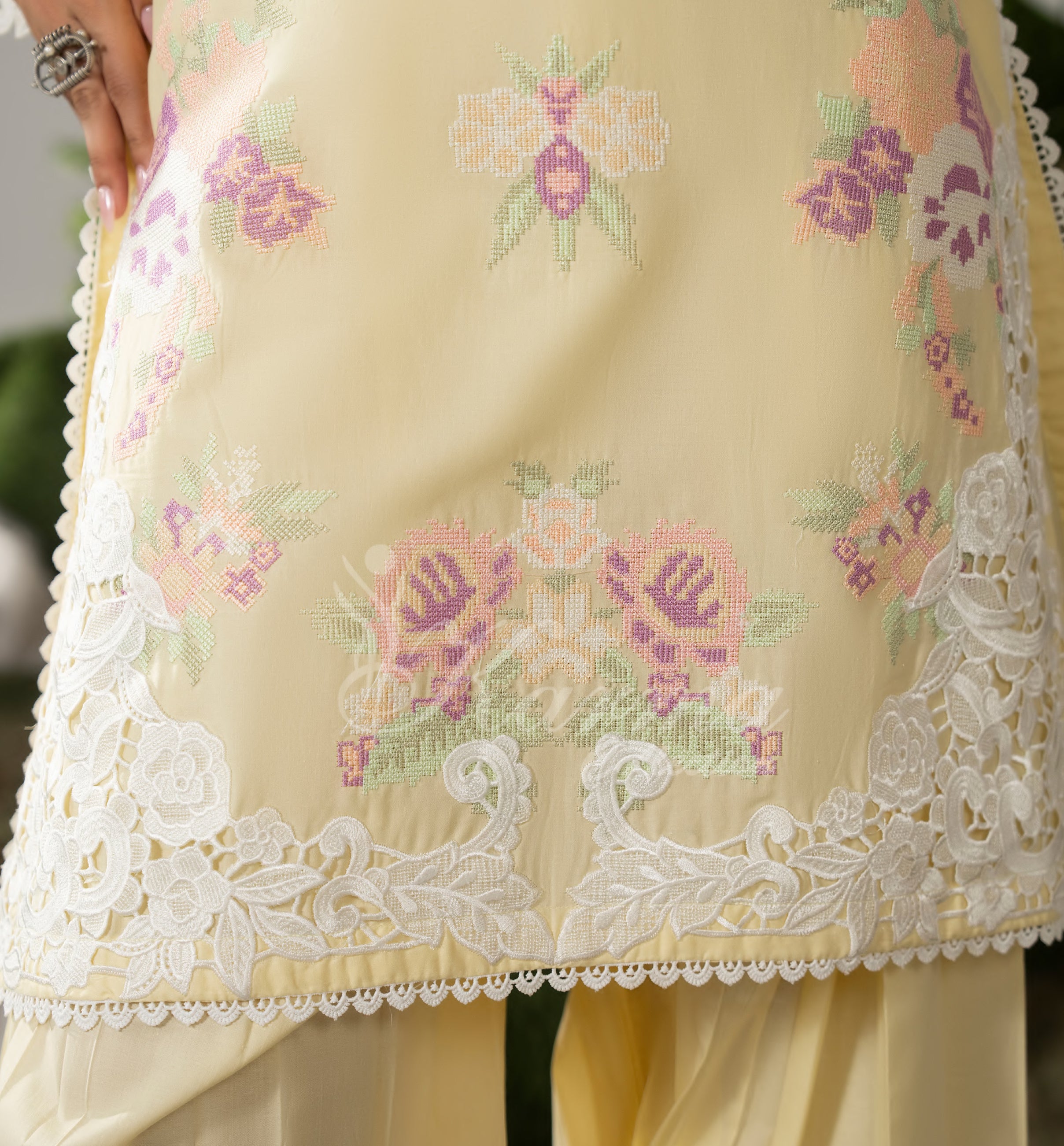 Creamy Yellow Karma Signature Embroidered 3 Piece suit