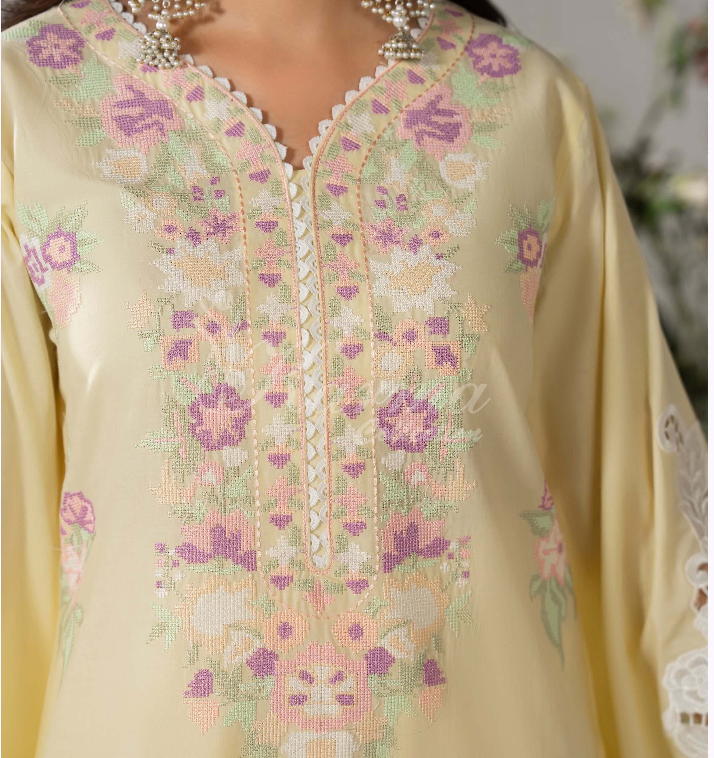 Creamy Yellow Karma Signature Embroidered 3 Piece suit