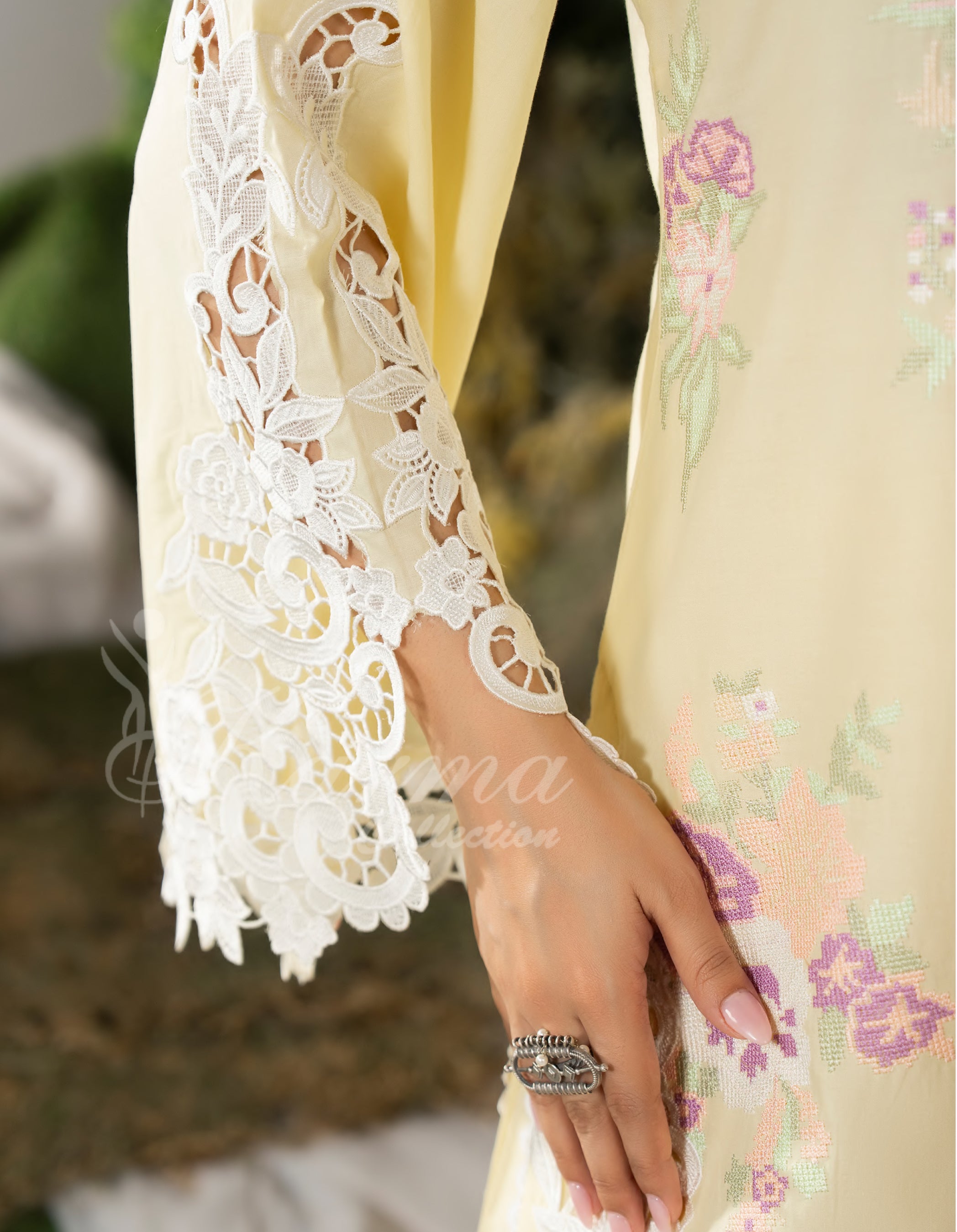 Creamy Yellow Karma Signature Embroidered 3 Piece suit