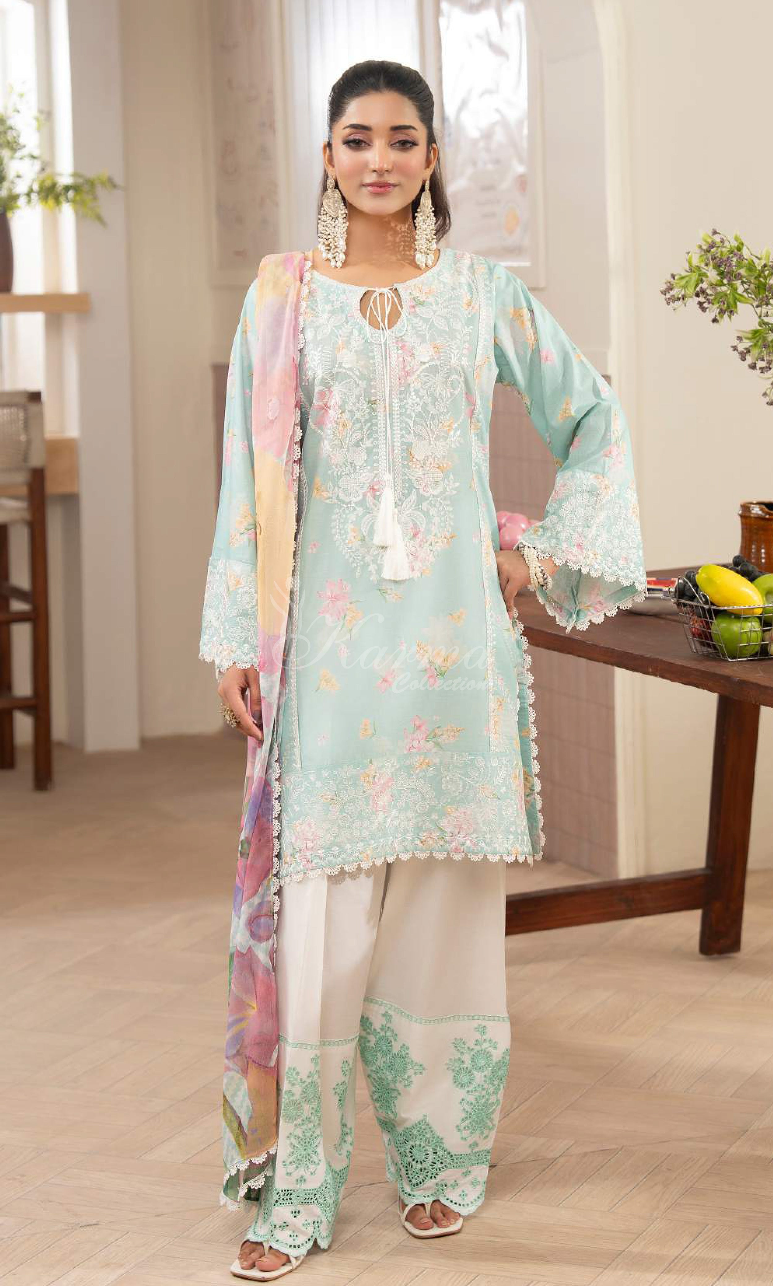 Aqua Embroidered Lawn Suit with Embroidered Trouser & Printed Chiffon Dupatta