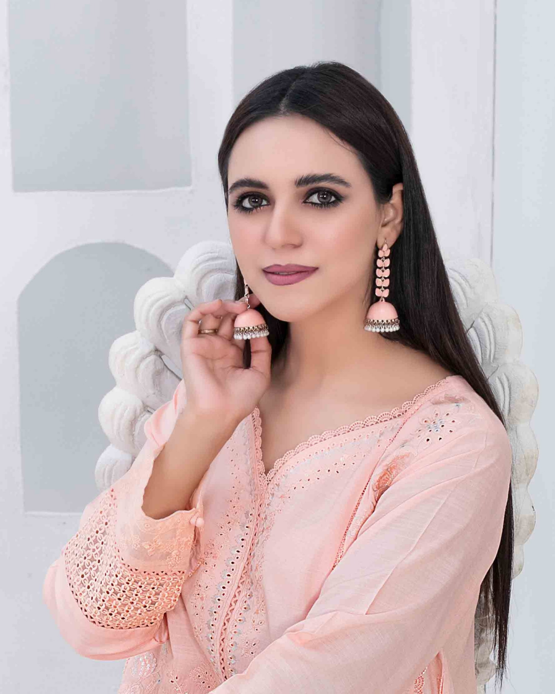 Peach Pink Embroidered Slub Linen 2-Piece Suit