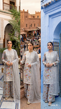 Floral suit with wide trousers and Chiffon embroidery dupatta