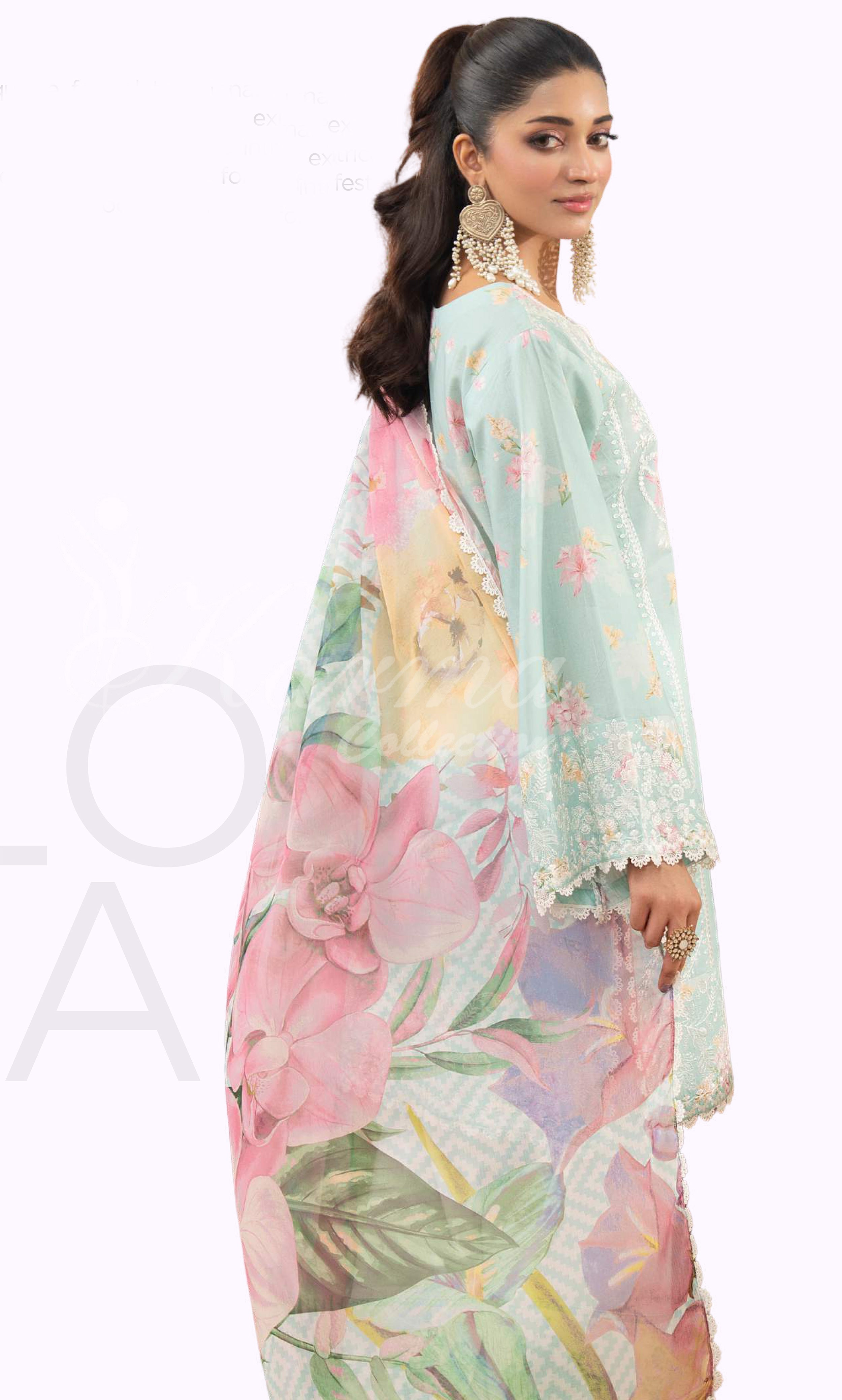 Aqua Embroidered Lawn Suit with Embroidered Trouser & Printed Chiffon Dupatta