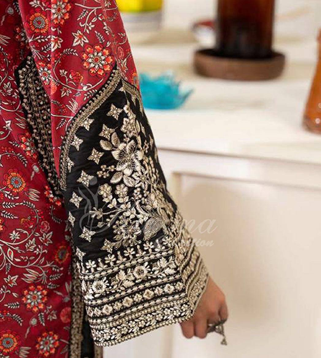 Crimson Noir Embroidered Lawn Suit with Printed Dupatta & Farshi Shalwar