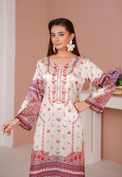 Ivory Red Floral Printed Silk Long Shirt & Trouser