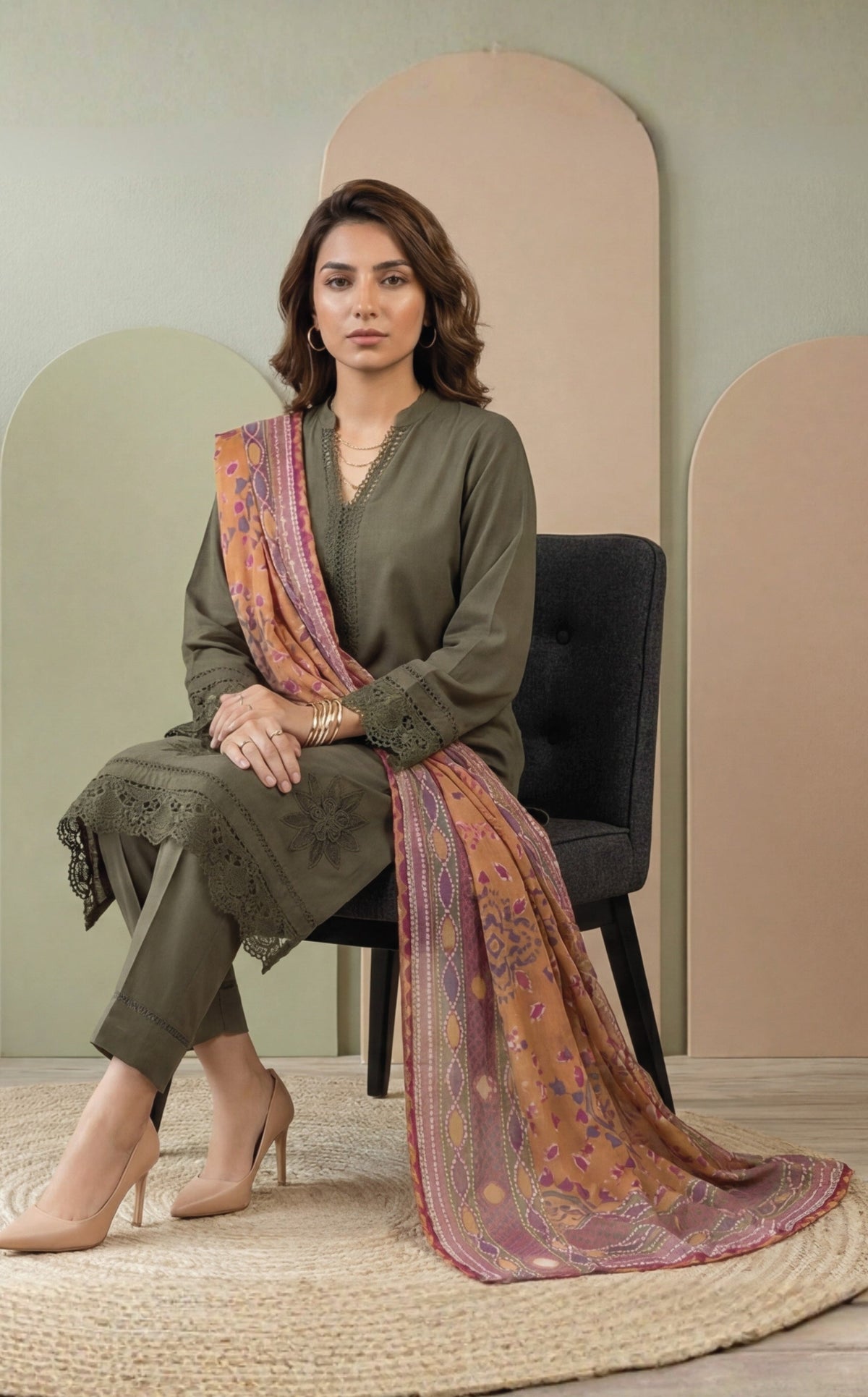 Olive Green Embroidered 3-Piece Suit with Multicolor Digital Print Dupatta