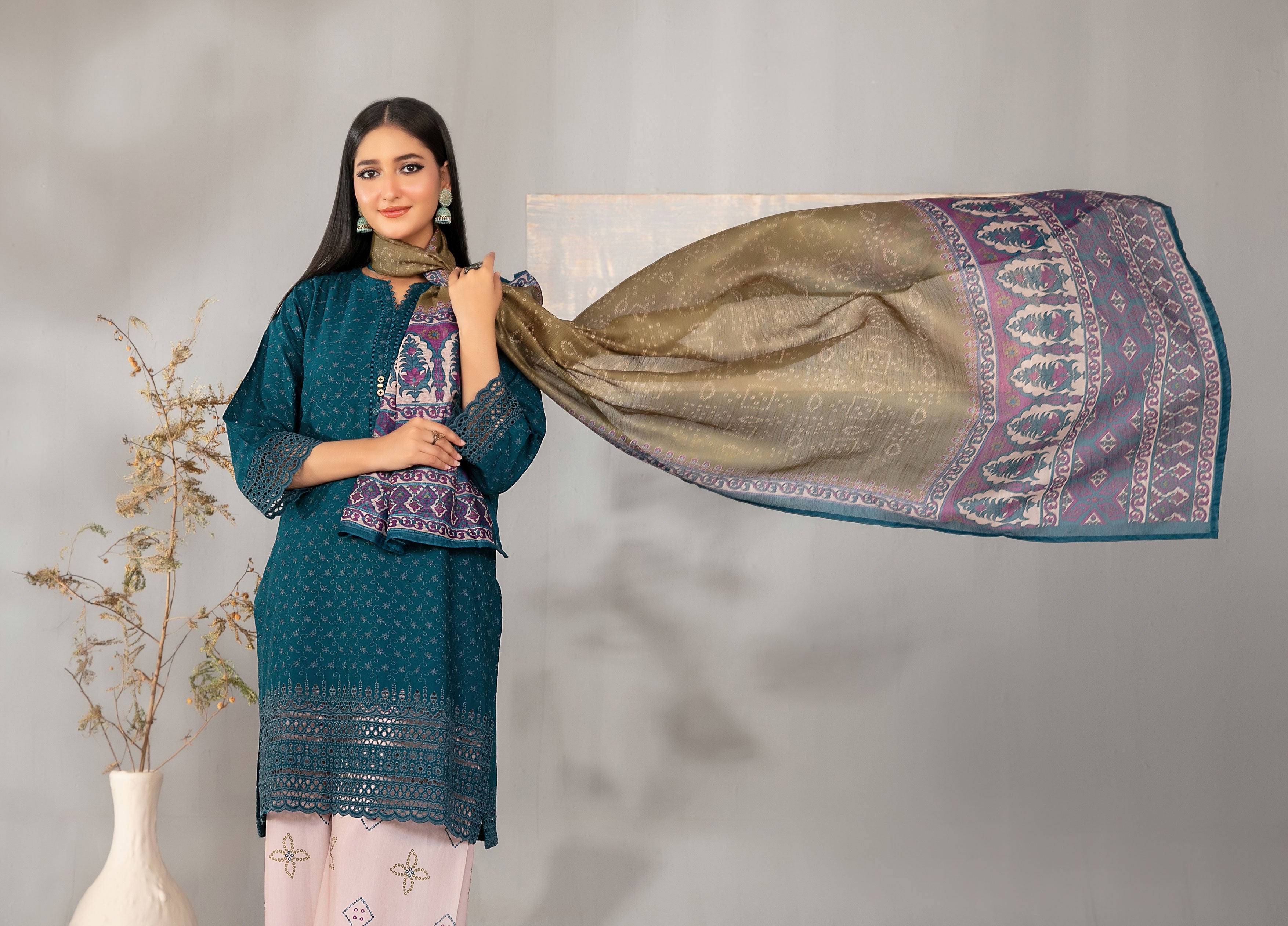 Dark Turquoise Embroidered Schiffli Lawn with Digital Printed Dupatta