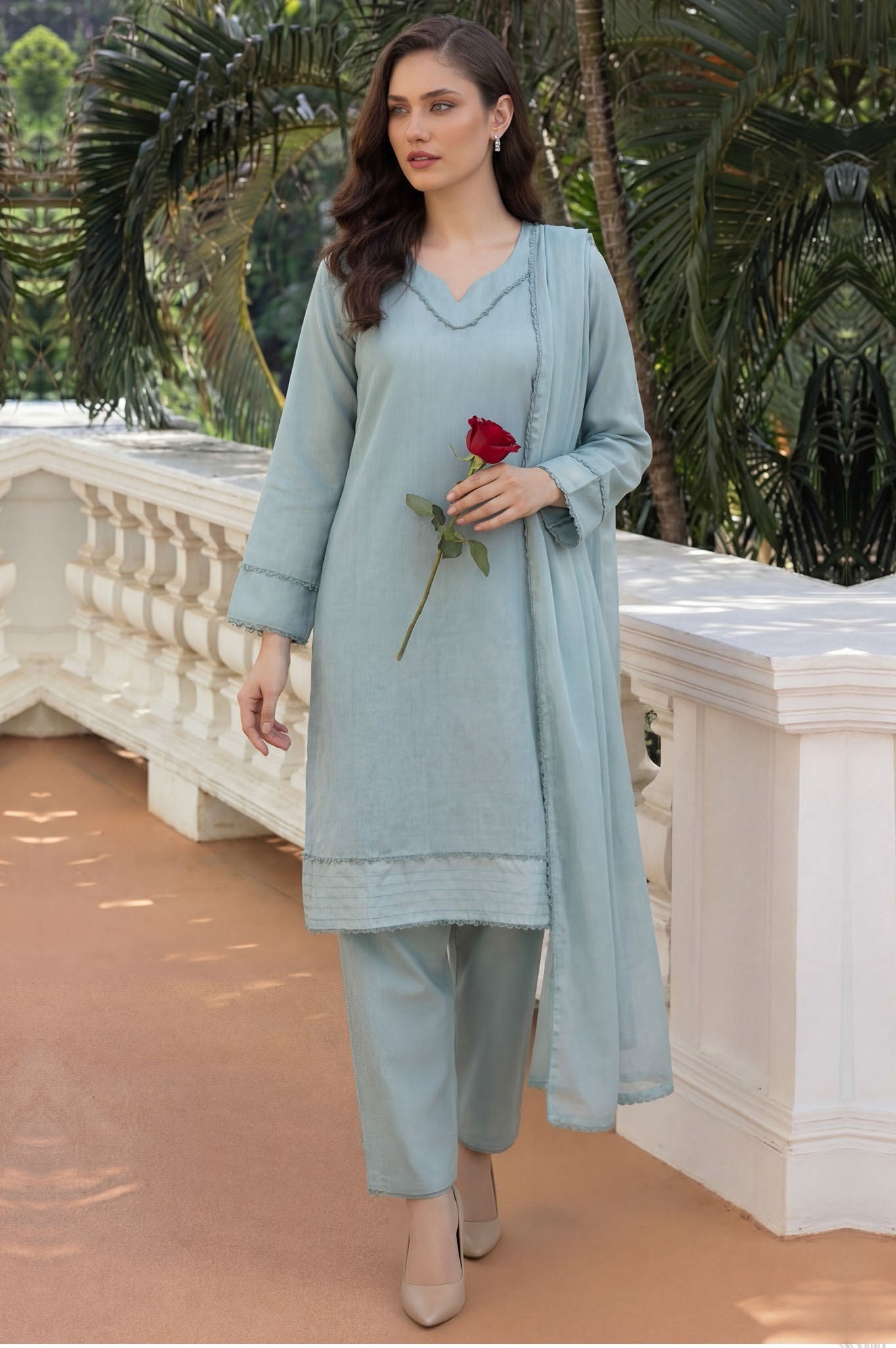 Ash Blue Premium Jacquard Lawn 3-Piece Stitched Suit