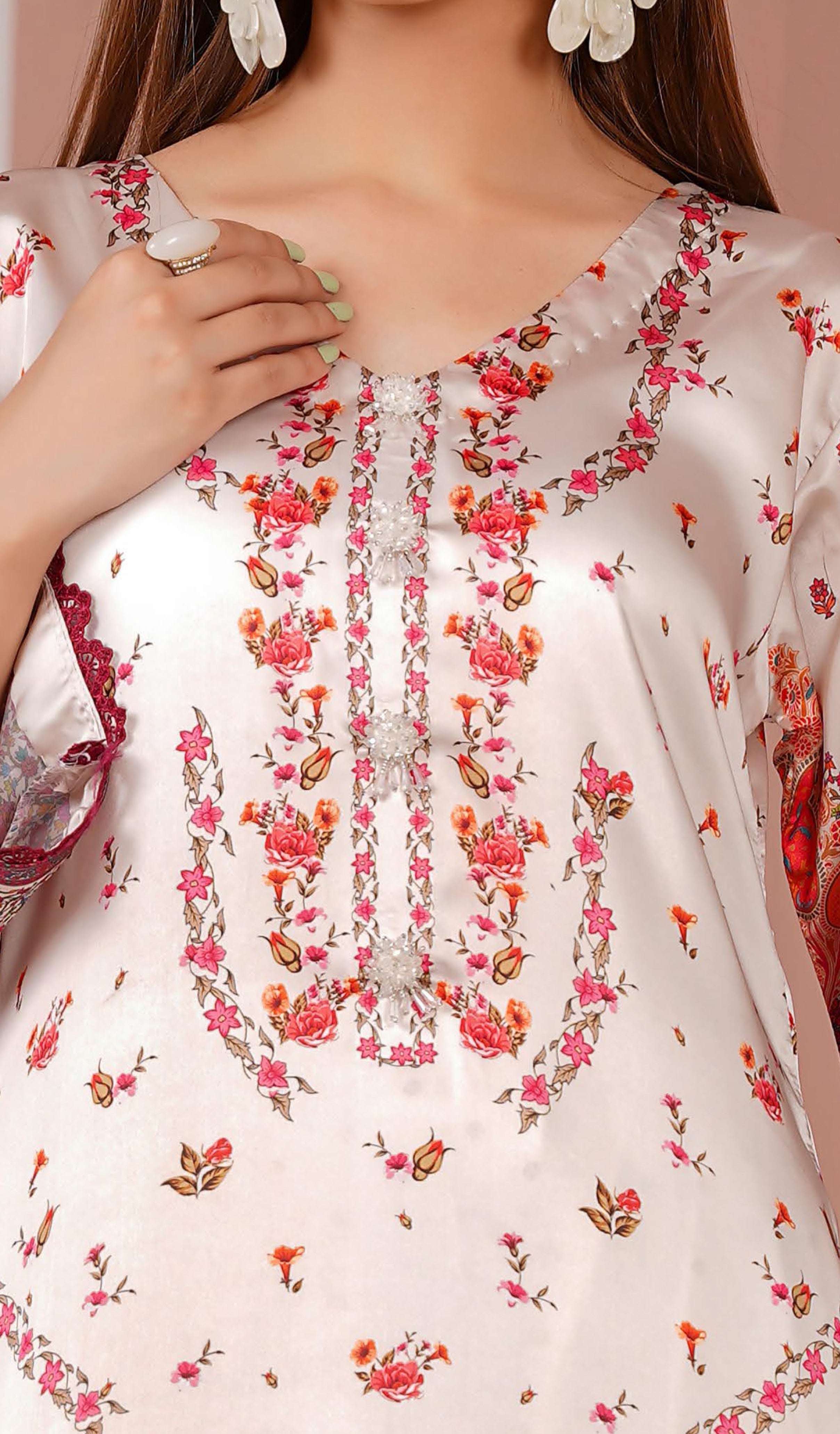 Ivory Red Floral Printed Silk Long Shirt & Trouser