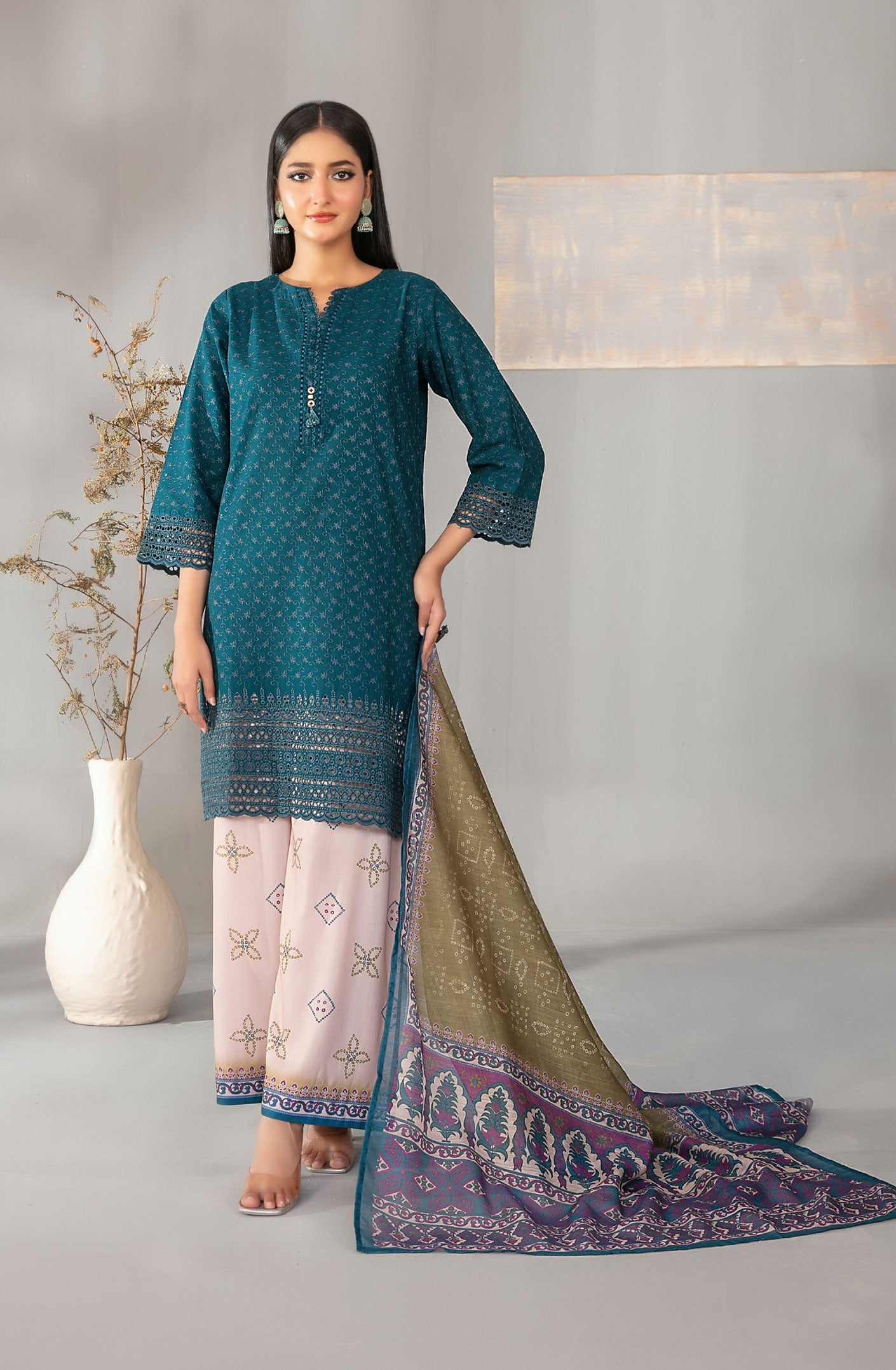 Dark Turquoise Embroidered Schiffli Lawn with Digital Printed Dupatta