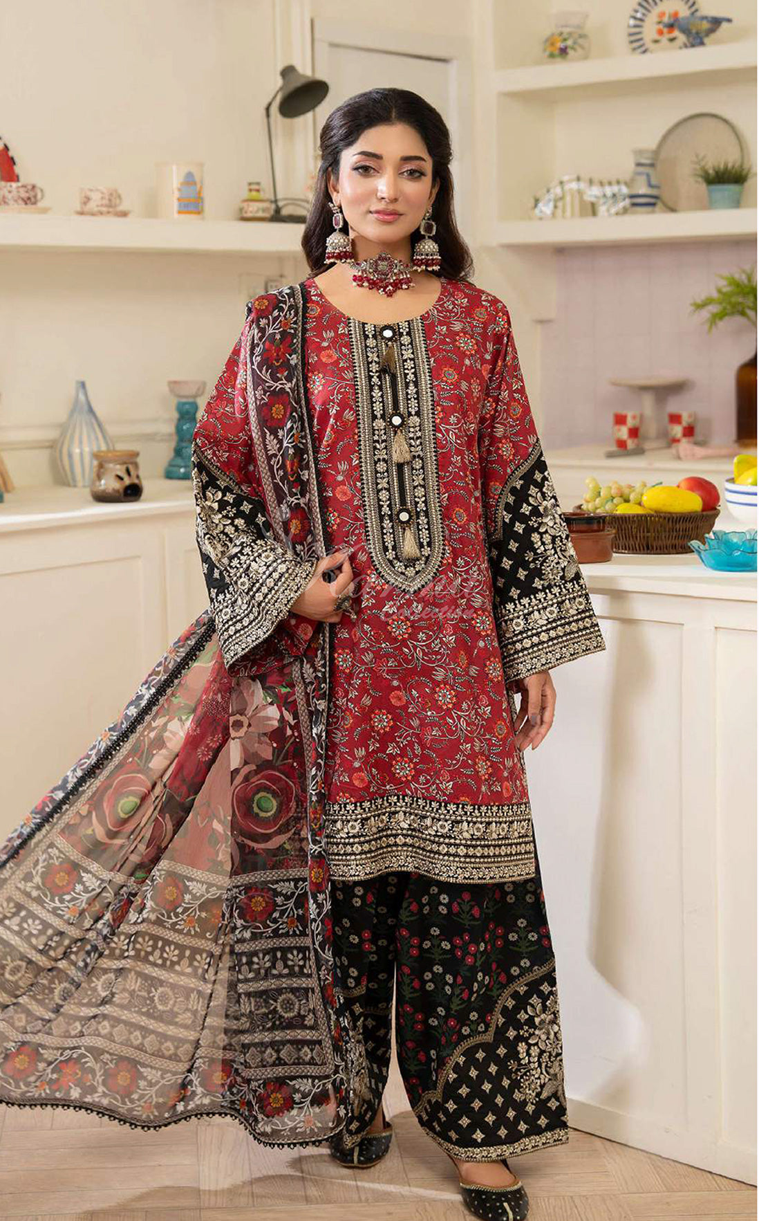 Crimson Noir Embroidered Lawn Suit with Printed Dupatta & Farshi Shalwar