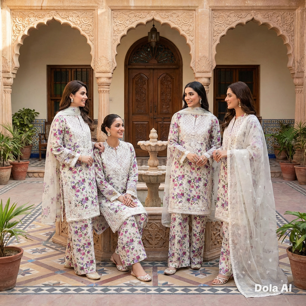 Floral suit with wide trousers and Chiffon embroidery dupatta