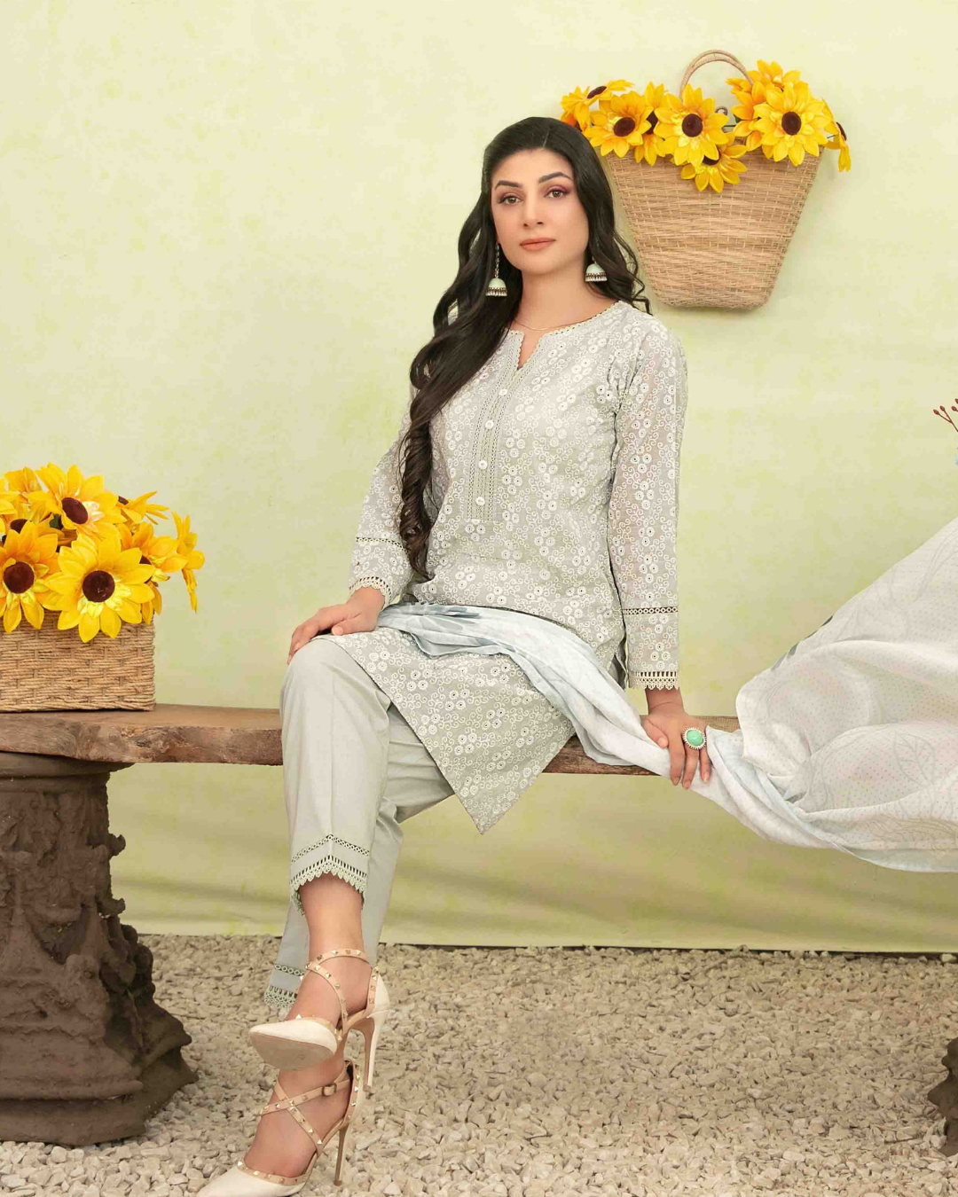 Silver Grey Floral Printed 3-Piece Stitched Suit with Digital Printed Dupatta