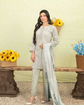 Silver Grey Floral Printed 3-Piece Stitched Suit with Digital Printed Dupatta