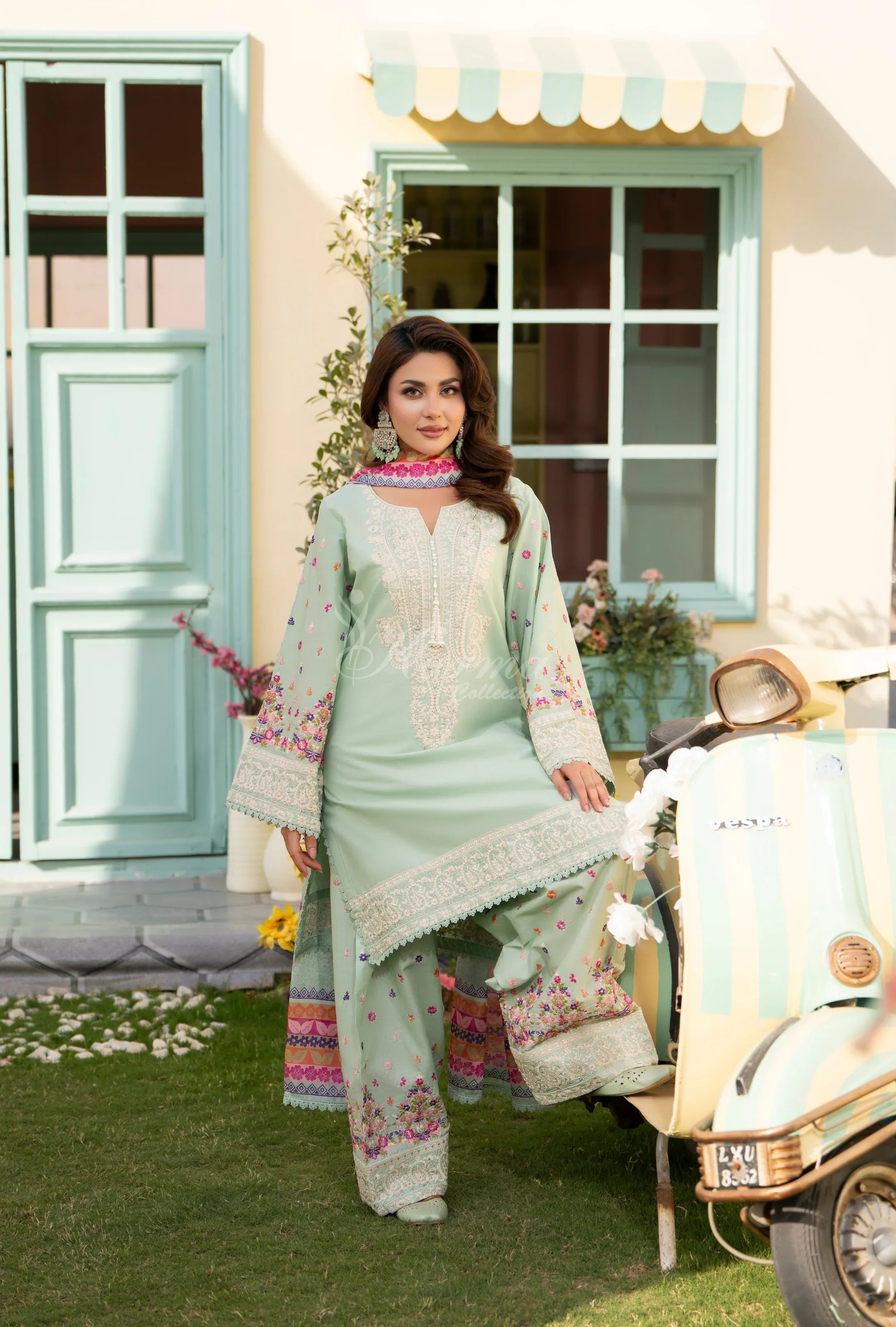 Original karma collection 3pc suit with embroidery farshi shalwar SAGE TINT
KC-1556