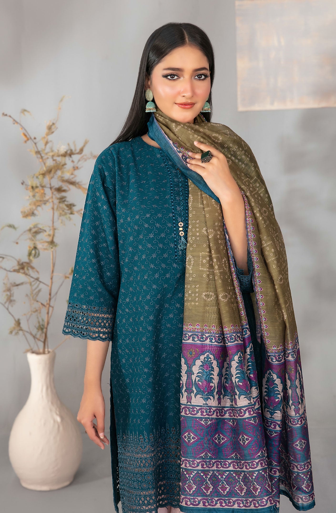 Dark Turquoise Embroidered Schiffli Lawn with Digital Printed Dupatta