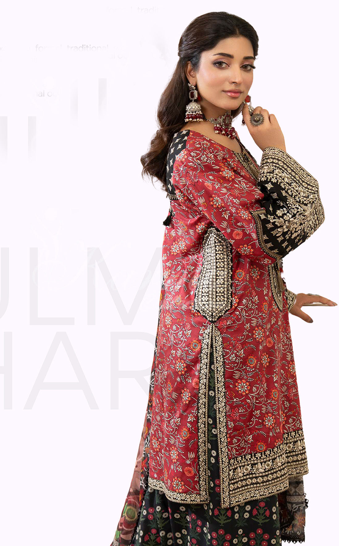 Crimson Noir Embroidered Lawn Suit with Printed Dupatta & Farshi Shalwar